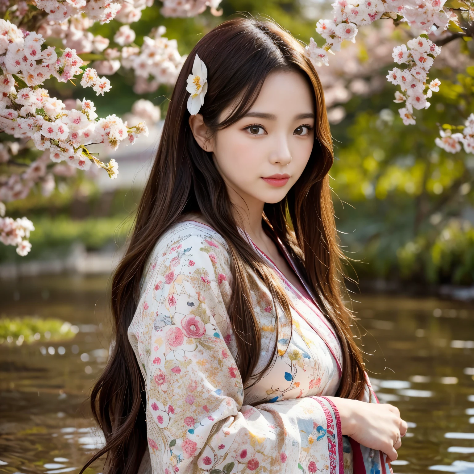 (best quality,highres,photorealistic:1.2),portraits,traditional Japanese painting style,beautiful detailed eyes,beautiful detailed lips,ethnic clothing,Kimono,golden lighting,serene garden,lotus pond,delicate cherry blossoms,reflections on the water,subtle ripples,graceful pose,captivating smile,wavy long hair,splashes of water,sunlight streaming through the trees,tranquil atmosphere,warm color tones,natural beauty,sublime composition,harmony between nature and human presence,serenity and elegance.