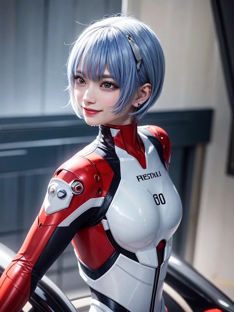 Masterpiece, highest quality, 8K, detailed skin texture, fine cloth texture, beautiful detailed face, intricate details, super detailed, portrait of Rei Ayanami, blue hair, red eyes, looking far away, no background, Evangelion Wearing a plug suit when riding, plug suit, whole body visible, standing, arms crossed, , beautiful, cute, great style, smiling