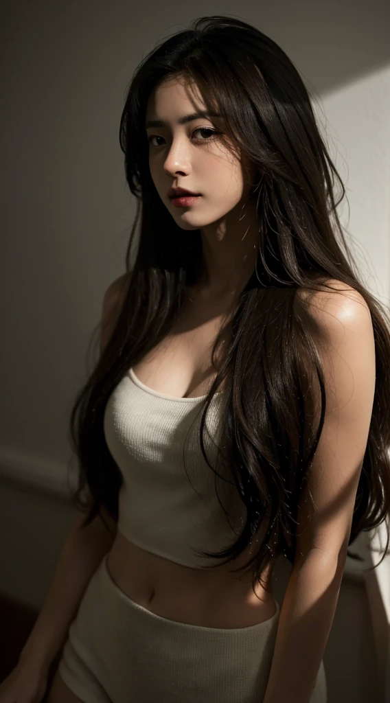 Best quality, masterpiece, ultra high res, (photorealistic:1.5), raw photo, 1girl, offshoulder, in the dark, deep shadow, low key, cold light, sexy look, long hair