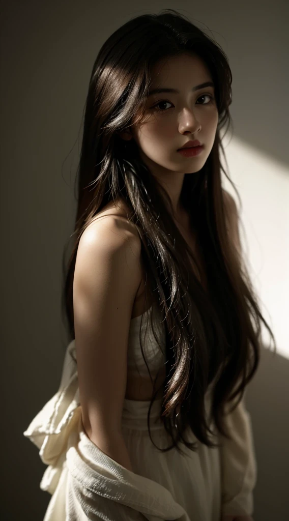 Best quality, masterpiece, ultra high res, (photorealistic:1.5), raw photo, 1girl, offshoulder, in the dark, deep shadow, low key, cold light, sexy look, long hair
