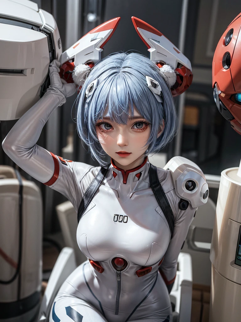 Masterpiece, Top quality, 8K, Detailed skin texture, Fine cloth texture, Beautifully detailed face, Intricate details, Super detailed, Portrait of Rei Ayanami, Blue hair, Red eyes, Looking into the distance, No background, Wearing a plug suit when boarding Evangelion, plug suit, whole body visible, standing, arms crossed, 15 years old, beautiful, cute, excellent style,