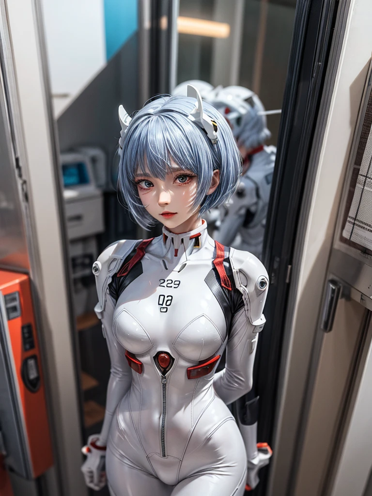 Masterpiece, Top quality, 8K, Detailed skin texture, Fine cloth texture, Beautifully detailed face, Intricate details, Super detailed, Portrait of Rei Ayanami, Blue hair, Red eyes, Looking into the distance, No background, Wearing a plug suit when boarding Evangelion, plug suit, whole body visible, standing, arms crossed, 15 years old, beautiful, cute, excellent style,