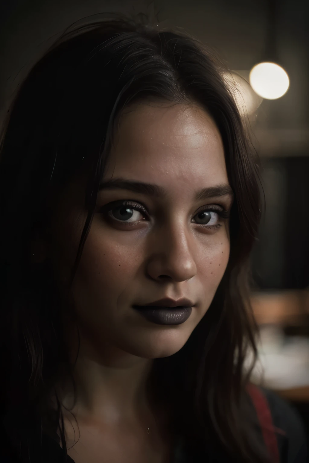(close-up, editorial photograph of a 21 year old woman), (highly detailed face:1.4) (smile:0.7) (background inside dark, moody, private study:1.3) POV, by lee jeffries, nikon d850, film stock photograph ,4 kodak portra 400 ,camera f1.6 lens ,rich colors ,hyper realistic ,lifelike texture, dramatic lighting , cinestill 800,