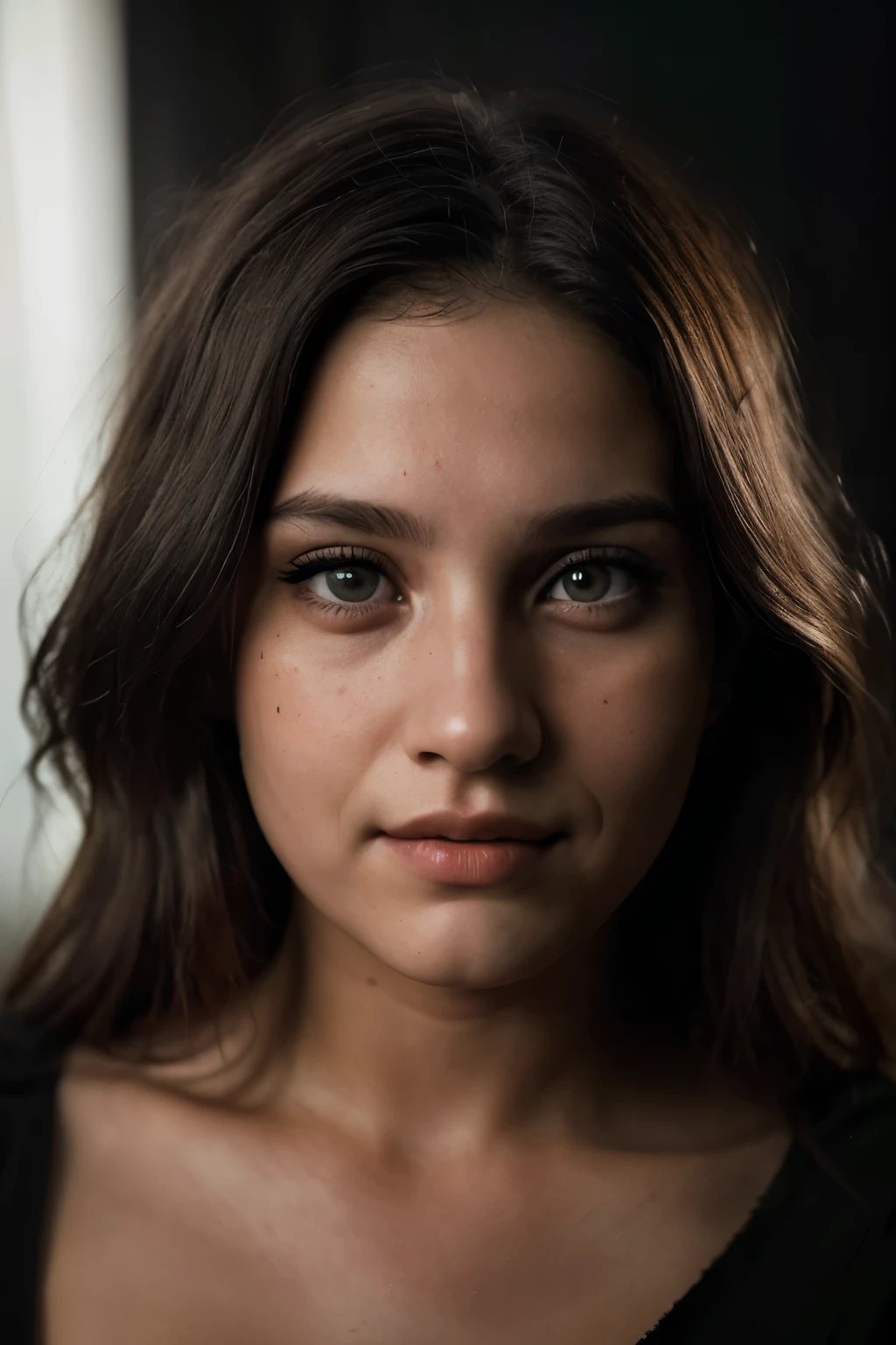 (close-up, editorial photograph of a 21 year old woman), (highly detailed face:1.4) (smile:0.7) (background inside dark, moody, private study:1.3) POV, by lee jeffries, nikon d850, film stock photograph ,4 kodak portra 400 ,camera f1.6 lens ,rich colors ,hyper realistic ,lifelike texture, dramatic lighting , cinestill 800,