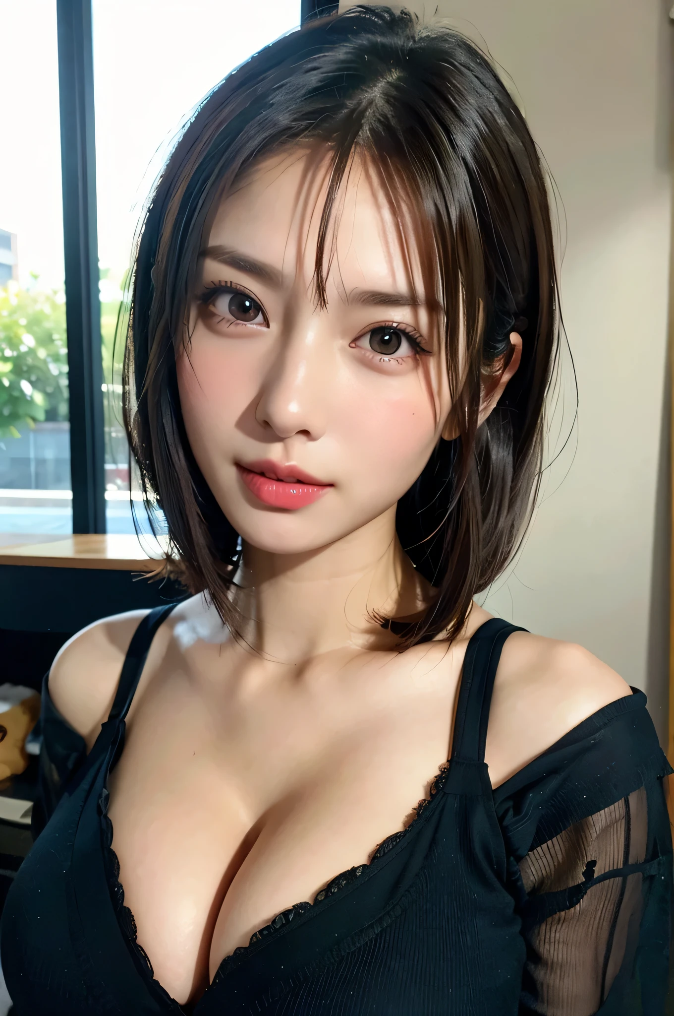 masterpiece, best quality, ultra high resolution, (lifelike:1.4), Detailed beautiful face, Detailed clothes, stunning european woman, wearing a bikini, Super cute, closeup portrait, Beautiful perfect face，soft skin，perfect face,bob cut  hair, 8K resolution,surreal,Super detailed,high quality, (huge breasts, Huge cleavage:1.2), 