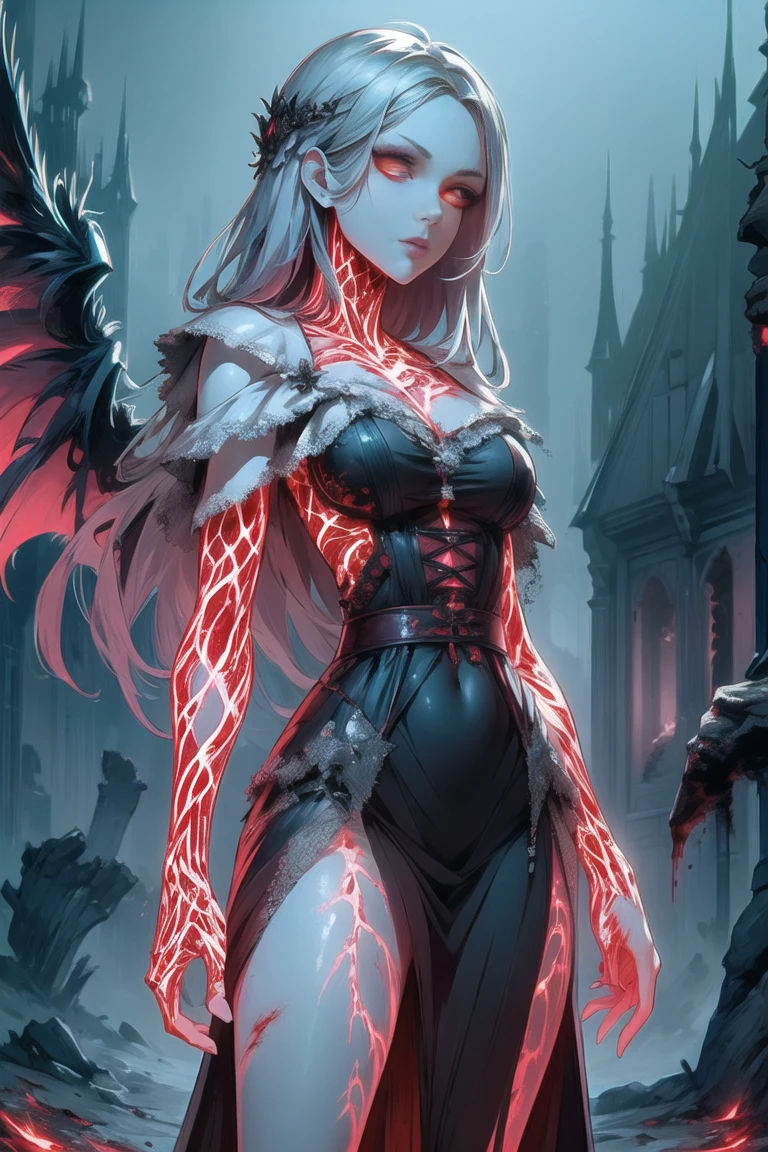 Grey skin, blood halo, Goddess, rare, cursed maiden, goddess armor, beautiful woman, long silver hair, red glowing eyes, grey skin, black wings, castle ruins,