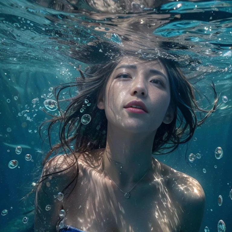 (best quality,4k,8k,highres,masterpiece:1.2),ultra-detailed,(realistic,photorealistic,photo-realistic:1.37),beautiful detailed eyes,beautiful detailed lips,extremely detailed eyes and face,complete underwater scene,picture of a beautiful Japanese woman,perfect body of a woman,scuba diving in the water,refraction of light in water,bikini,wet hair,sparkling water,underwater flora and fauna,serene expression,ray of sunlight piercing through the water,rippling water surface,splashes of water,deep blue color palette,subtle water ripples on skin,submerged rocks,floating air bubbles,ethereal and dreamy atmosphere,meticulous attention to details,graceful underwater movements,dynamic composition,soft underwater glow,tranquil and peaceful ambiance,harmonious blend of colors,contrast between the vibrant bikini and the serene underwater surroundings,dazzling visual impact,professional photography lighting techniques,clear visibility underwater,sunlit seabed in the distance