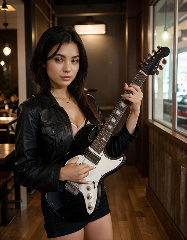 realistic, 20-years-old indonesian girl, brown skinned, short straight black hair style, wearing black jacket, holding electric guitar, cafe background
