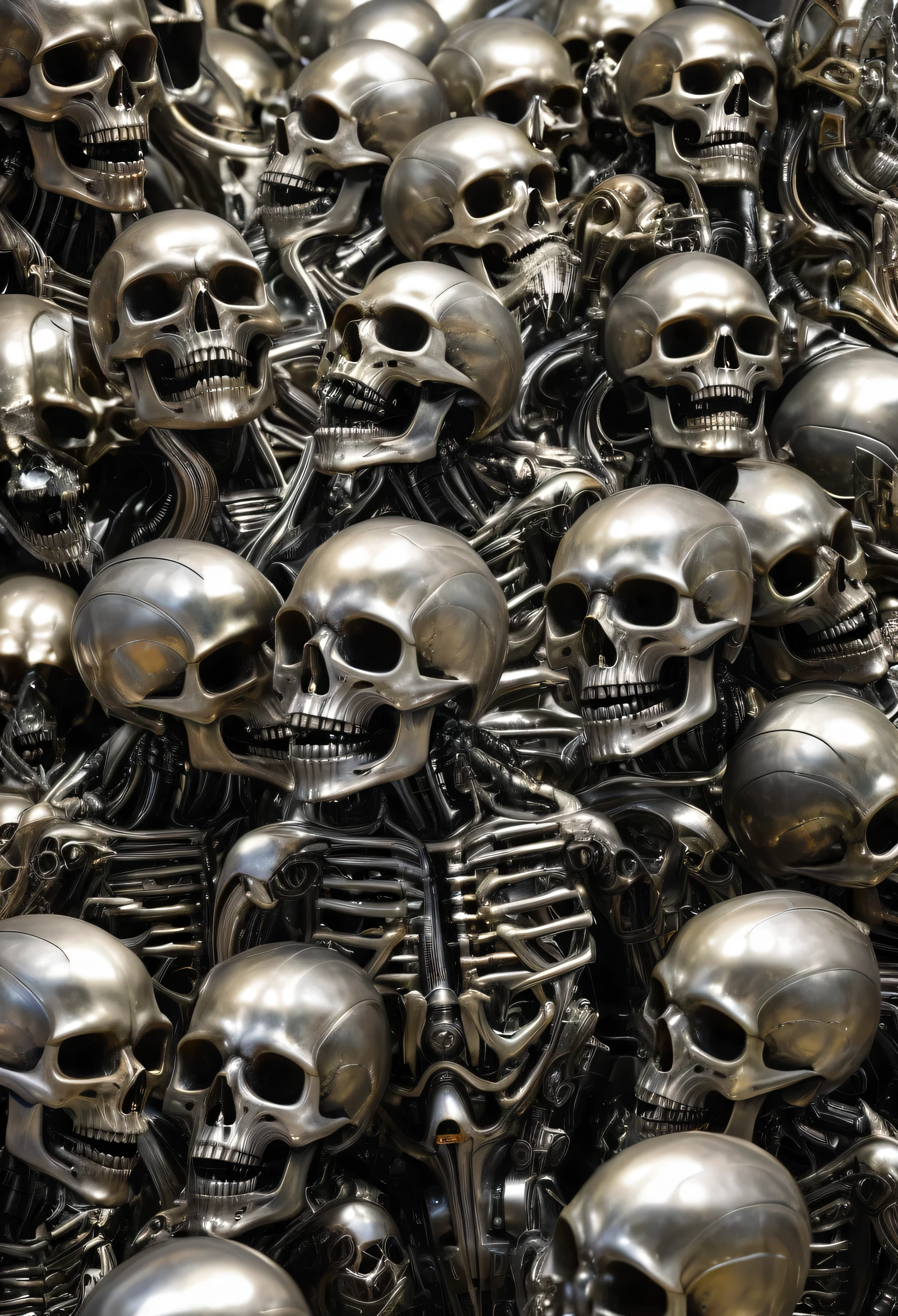 A Close up a large group of mutan bodies skulls and skeletons, biomechanical of sculpture, masterfull intricate artwork, giger art, intricate alien technology, made up of many bits of metal, hans giger, biomechanical and intricate, hans ruedi giger, crazy detailed and complex.