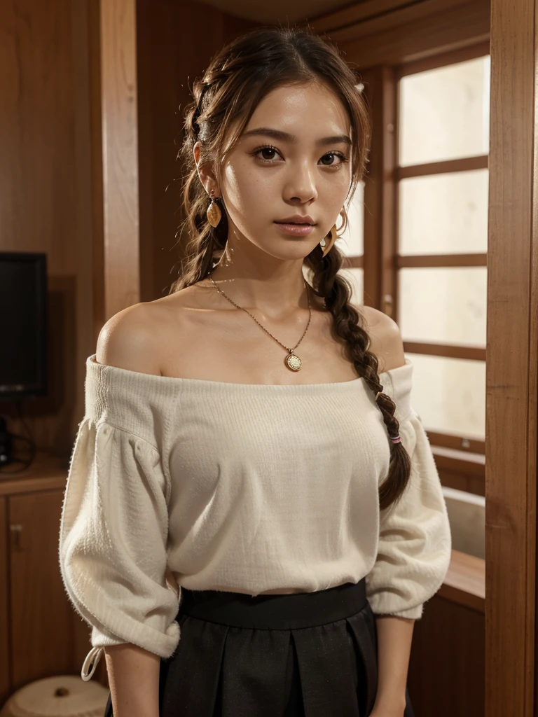 Sattani Water Tank, exist拉贝特电影中, author：Vallian Borovich, 色情of, 1 girl, 蓝色of_Eye, 模糊of, 模糊of_background, braid, collar, depth_of_site, skirt, earrings, eyelash, freckle, hair_Exceed_Shoulder, jewelry, lips, 长of_hair, 长of_sleeve, watching_exist_audience, necklace, period, fluffy_长of_sleeve, fluffy_sleeve, 实际of, 单身of_braid, 独自of, twin_braids, superior_Body
