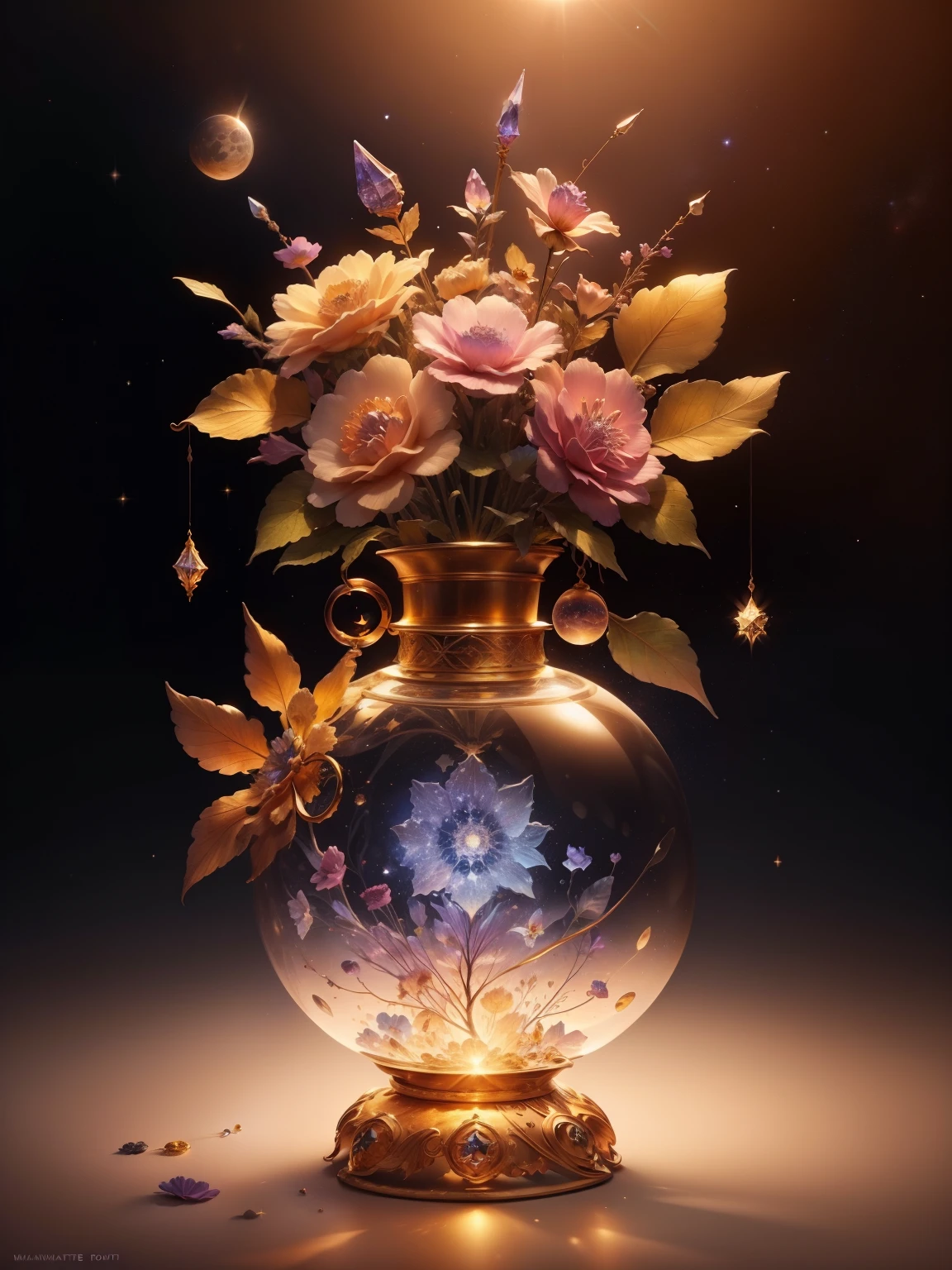 Crystal colorful flowers, magic, dream Catcher, universe , space, floating, moonlight, magic kanote gold  crystal pot,，Sun, moon and stars，galaxy，moon，Buddha&#39;s light，dharma，Staff，magnificent，atmosphere