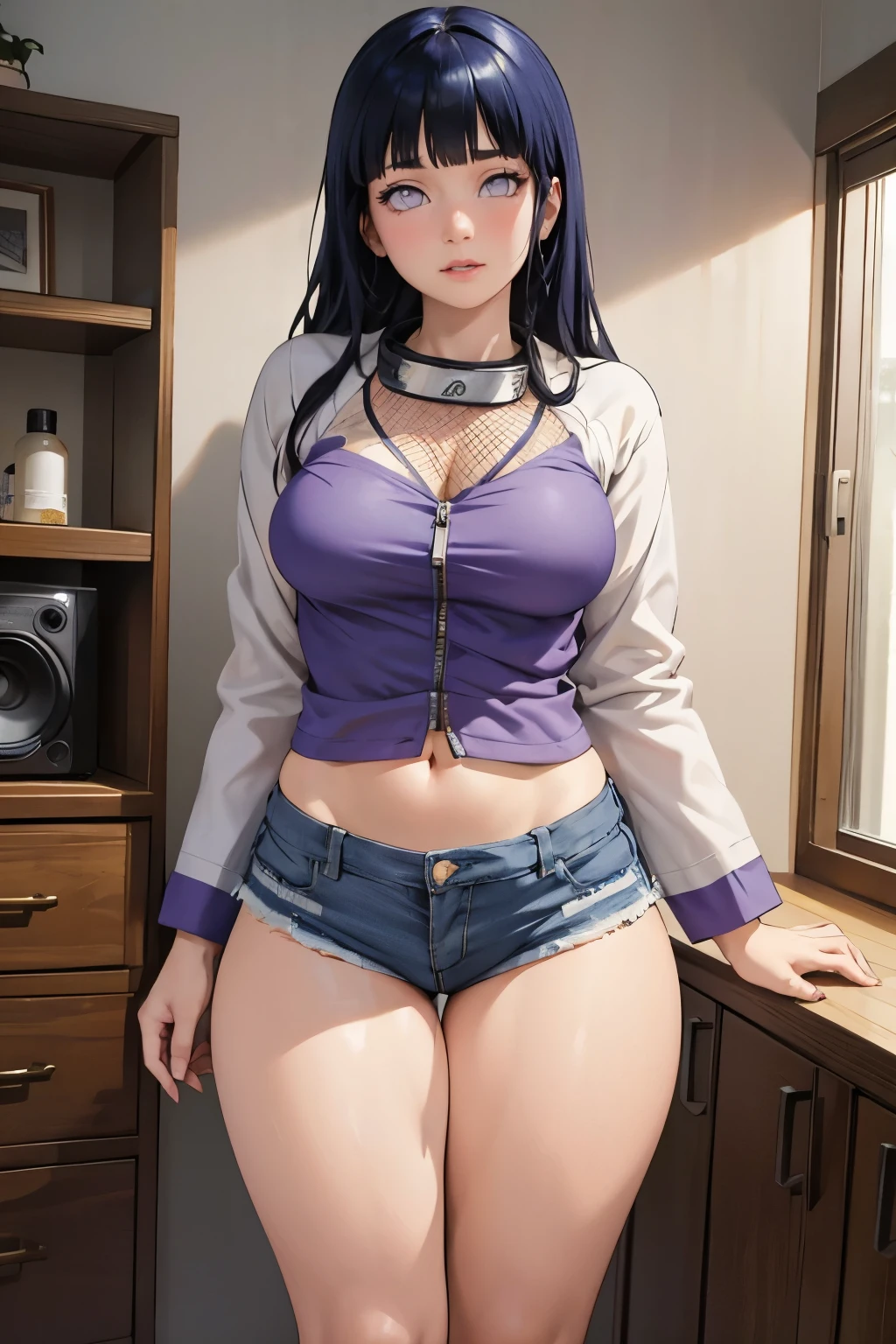 (Hinata Hyuga, very sensual, in a funk girl outfit, Brazilian, from Rio, dancing funk, wiggling, big ass, thick legs, wearing short denim shorts, wearing a mini blouse, pierced navel, Nike sneakers, big hair, speaker behind, very realistic, extremely sexy, 8k, 8k extremely detailed), (an extremely delicate and beautiful masterpiece), (best quality: 1.0), (ultra high resolution: 1.0)