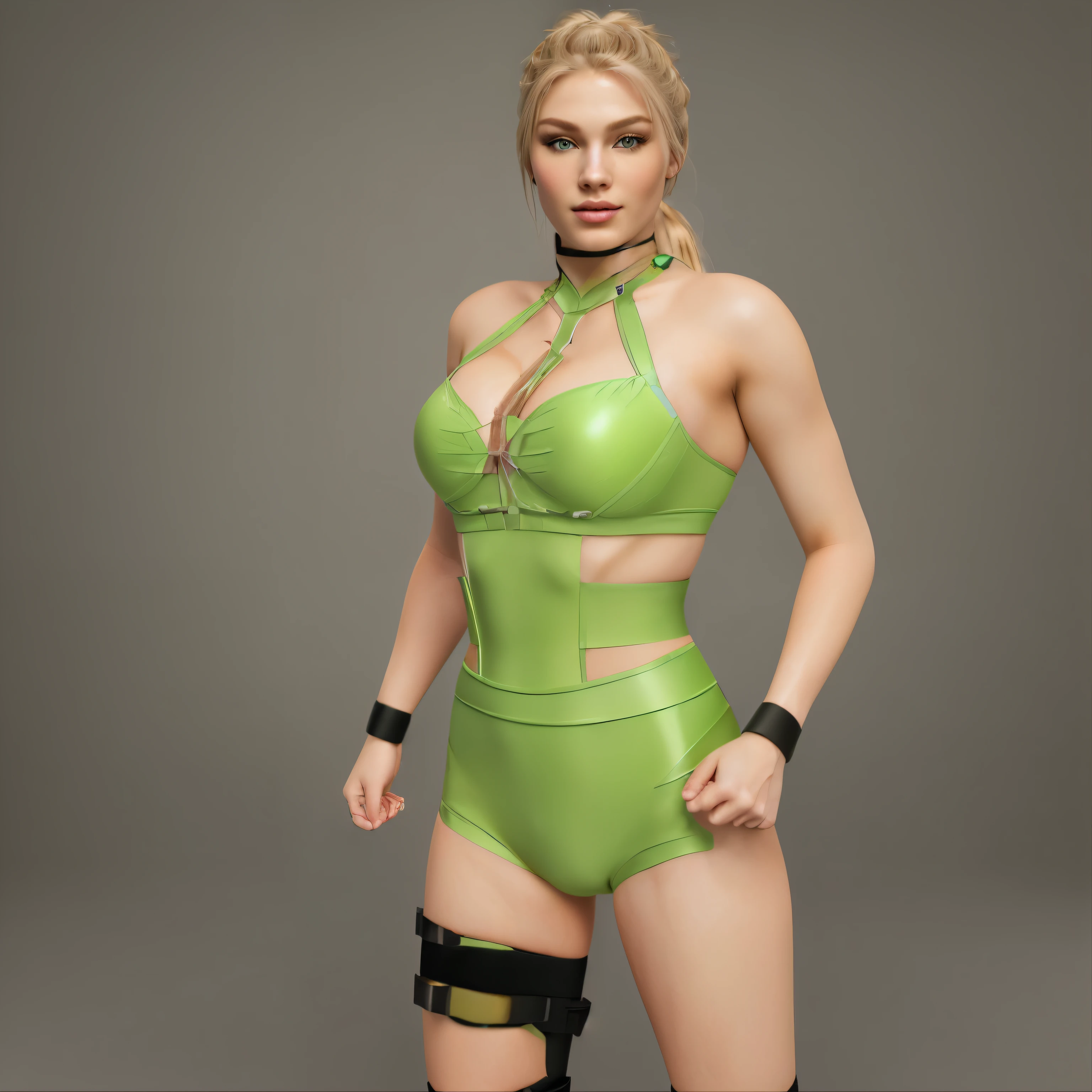 masterpiece, best quality, (extremely detailed CG unity 8k wallpaper), (best quality), (best illustration), (best shadow), blonde haired woman wrestler with hair in a pony tail green wrestling outfit black wrist tape and a knee brace, black eye makeup, beautiful attractive face, attractive features, beautiful female face and flawless skin, best quality, ultra high res, (photorealistic:1.4), 8k resolution, 1girl, (random hair:1.3), (realistic hair:1.2), (American girl:1.2), (European girl:1.2), (realistic eyes:1.2), (beauty face:1.3)