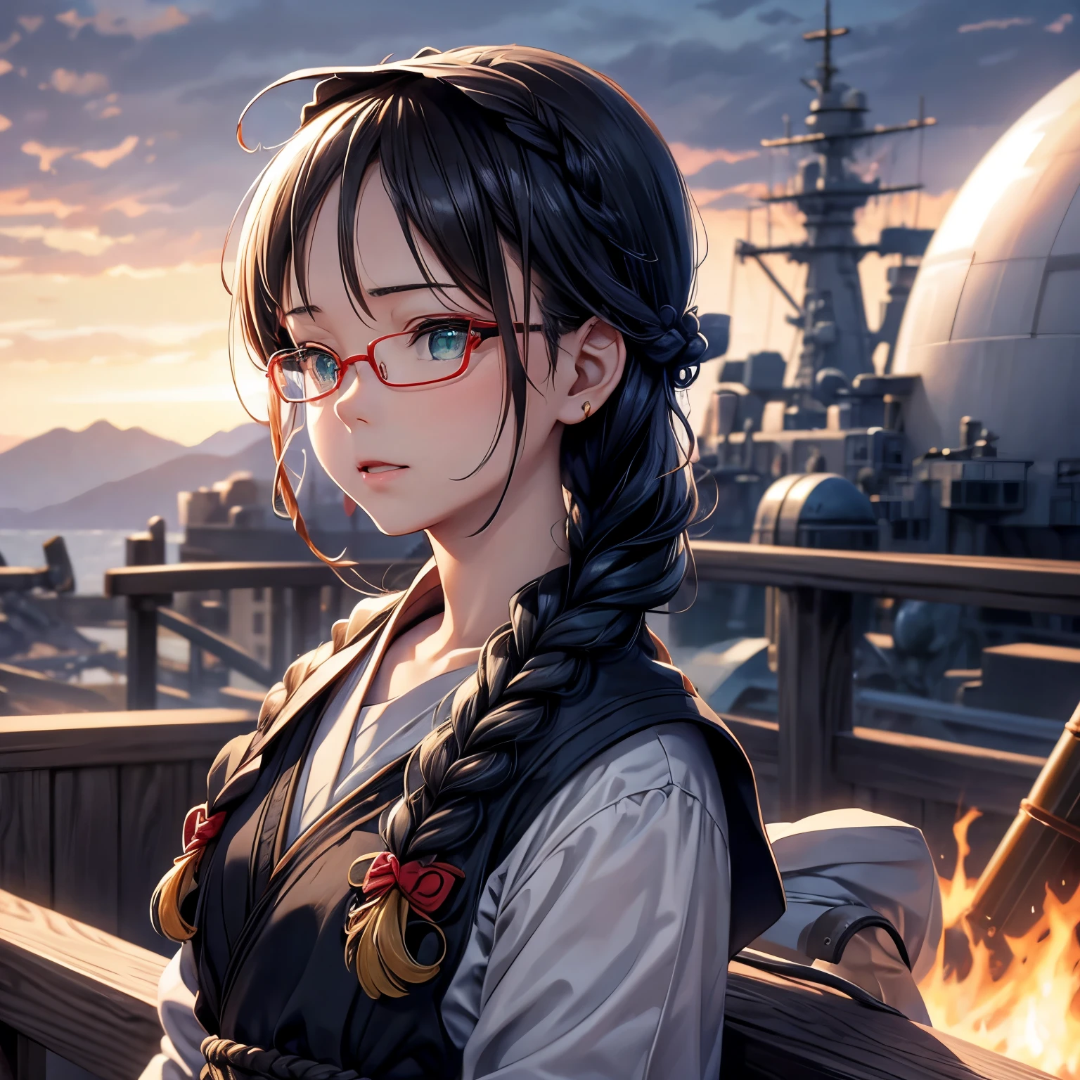 Movie海报,((braid hairstyle : 1.5)),Anime Reference 86 ,science fiction小说,science fiction,Movie,War Action Movie,space,atmosphere,Sky,battleship,multiple characters,woman,adult,Green Eyes,Black Hair,(Pia bangs hairstyle) : 1.8 ),(red glasses),Universal,white commander,Realistic facial details,realism,3D Face,