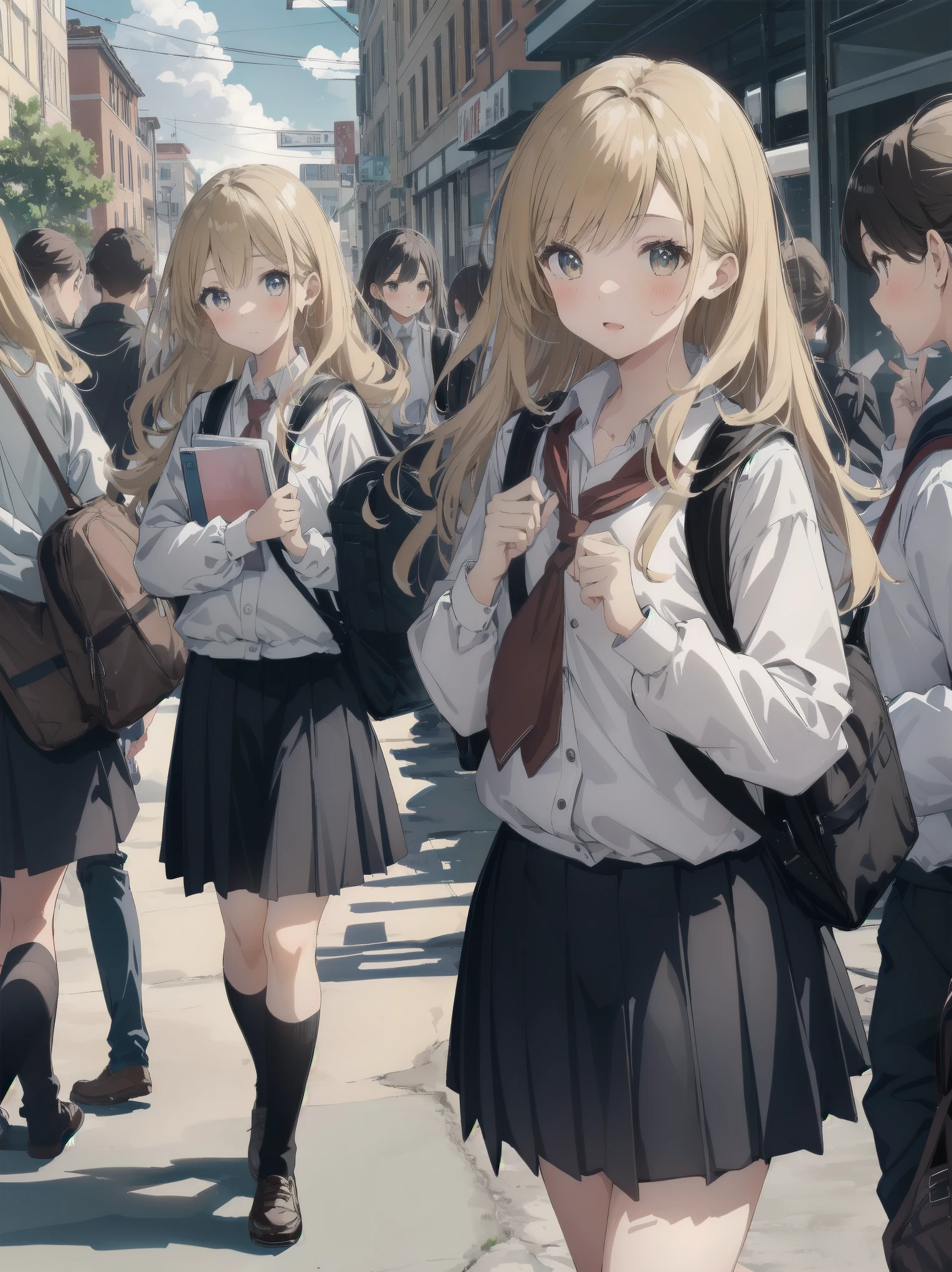 One girl, spring, high school, , warm colours, schoolbag, accurate and very detailed background, crowd of schoolgirls in uniform with various body shapes and hairstyles, cute.