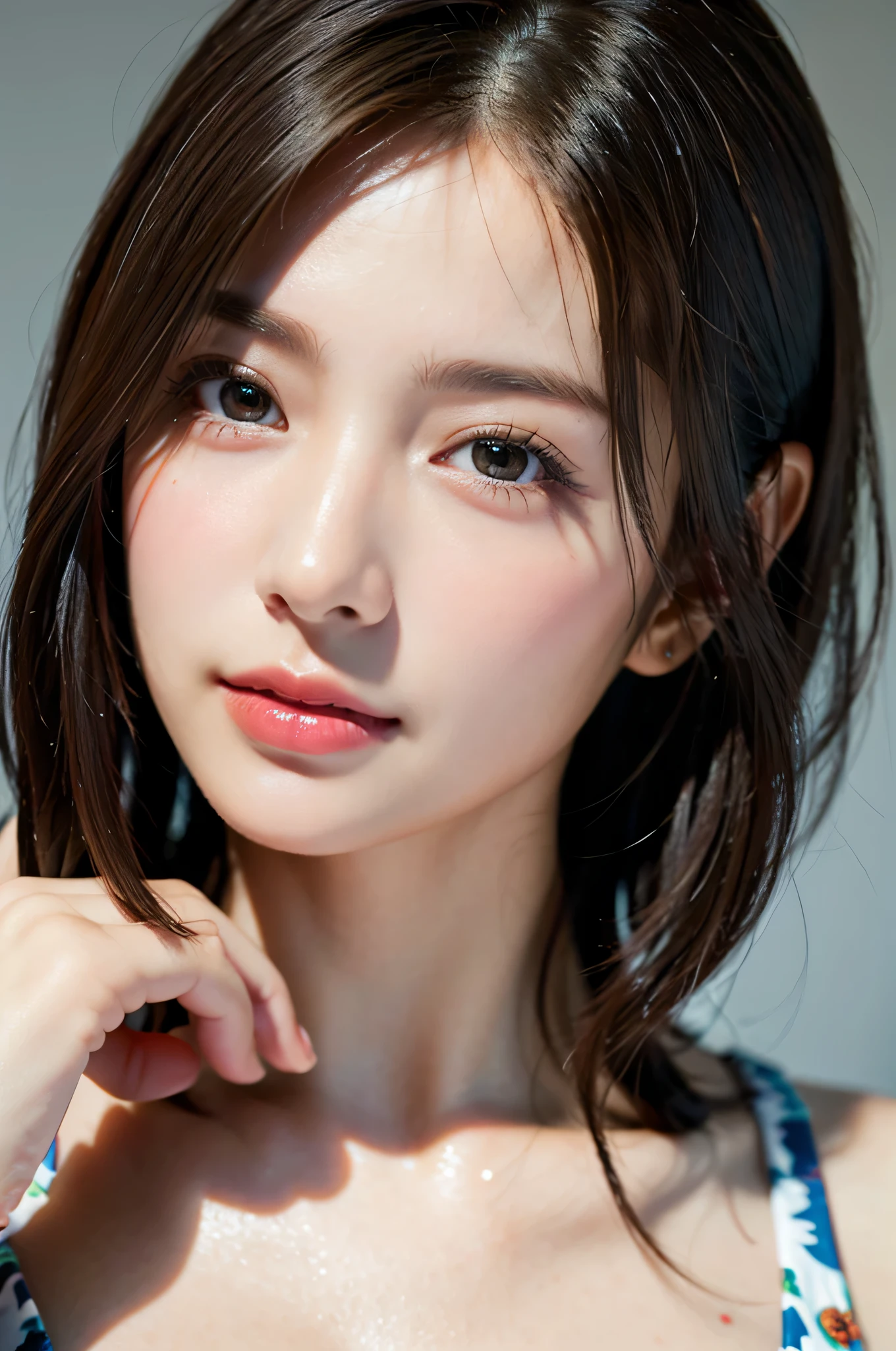 masterpiece, best quality, ultra high resolution, (lifelike:1.4), Detailed beautiful face, Detailed clothes, stunning european woman, wearing a bikini, Super cute, closeup portrait, Beautiful perfect face,soft skin,perfect face,bob cut hair, 8K resolution,surreal,Super detailed,high quality, (huge breasts, Huge cleavage:1.2),