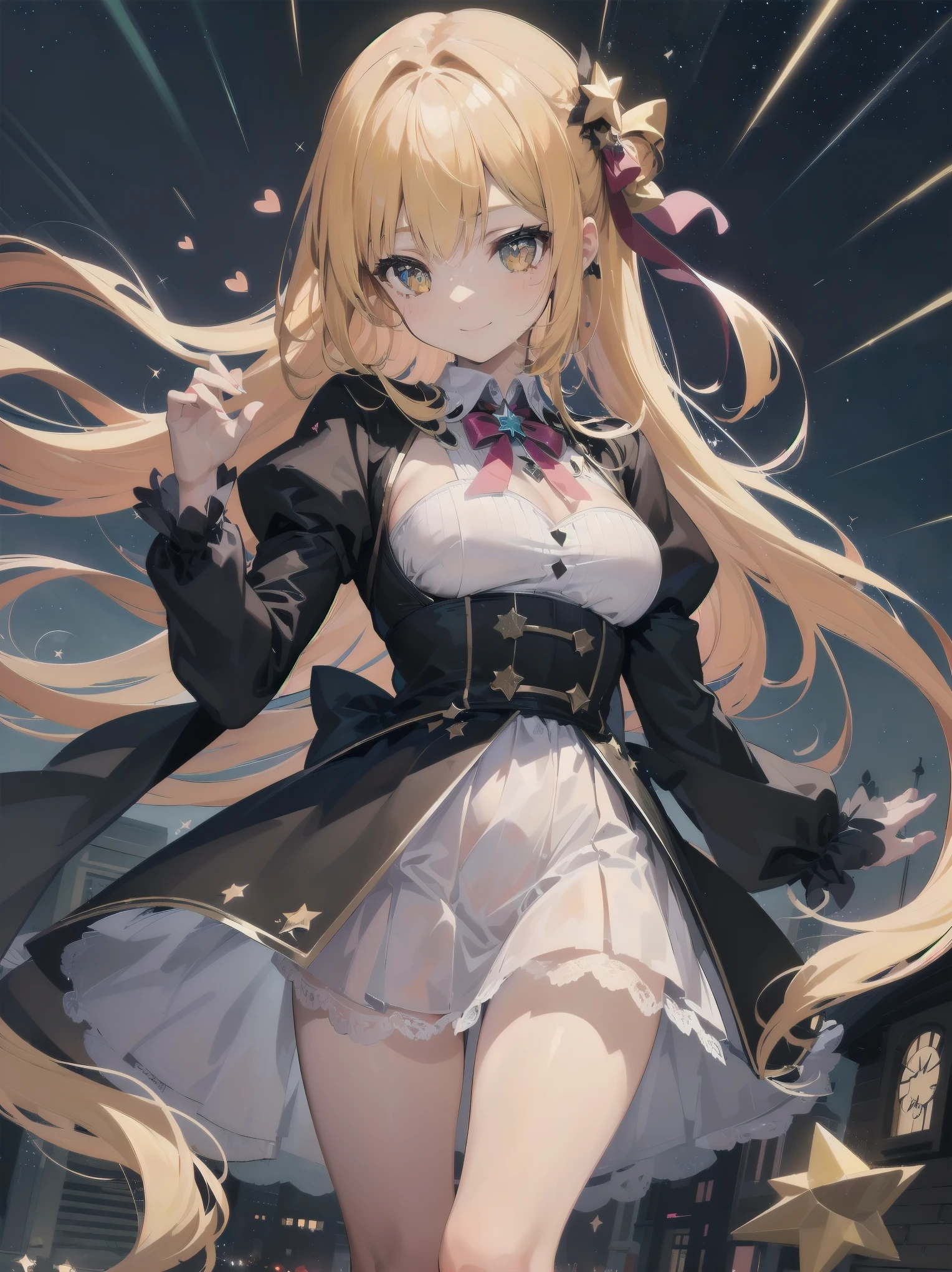 absurdres extremely detailed CG,high resolution,(best quality:1.3),(best masterpiece:1.3),super fine illustration,vibrant colors,official art,8k wallpaper,(looking away:1.3),dynamic depiction,dynamic angle,dynamic pose,depth of field,cinematic lighting,BREAK,(one beautiful girl:1.3),solo,blonde hair,very long hair,shiny hair,Silky hair,yellow eyes,deep detailed eyes,cute eyes,sparkling eyes,(seductive smile:1.3),natural make,BRAKE,((wonderland)),Gothic decoration,((sticker style)),(heart item,star item,ribbon:1.5),(symbolic:1.2), conspicuous,(star glitter and hart glitter:1.5),(kawaii town at night:1.5),(big clock tower:1.2),(Meteor shower,star and hart effect:1.3),