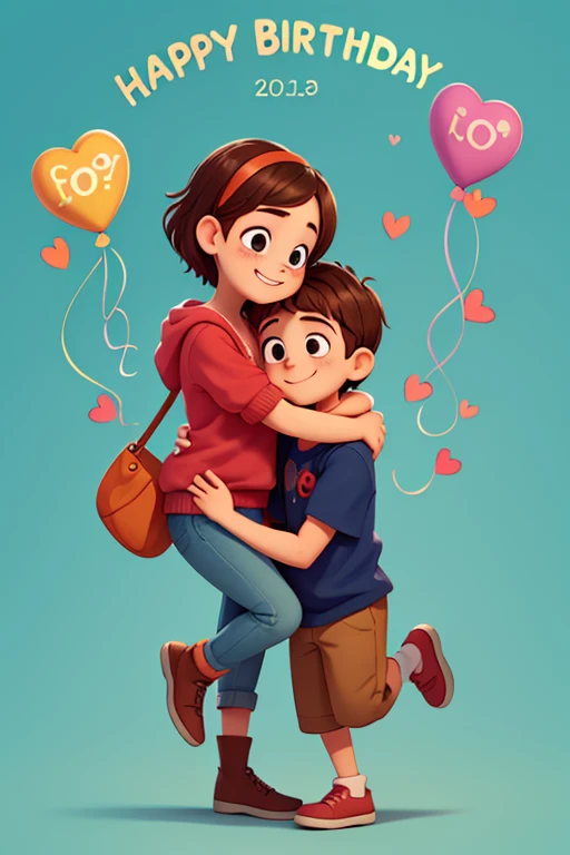 Young women hugging her little boy brother with love, pixar like cartoon, latin look alike, colorful background, with the text “Happy birthday sis”, hearts of love flying around