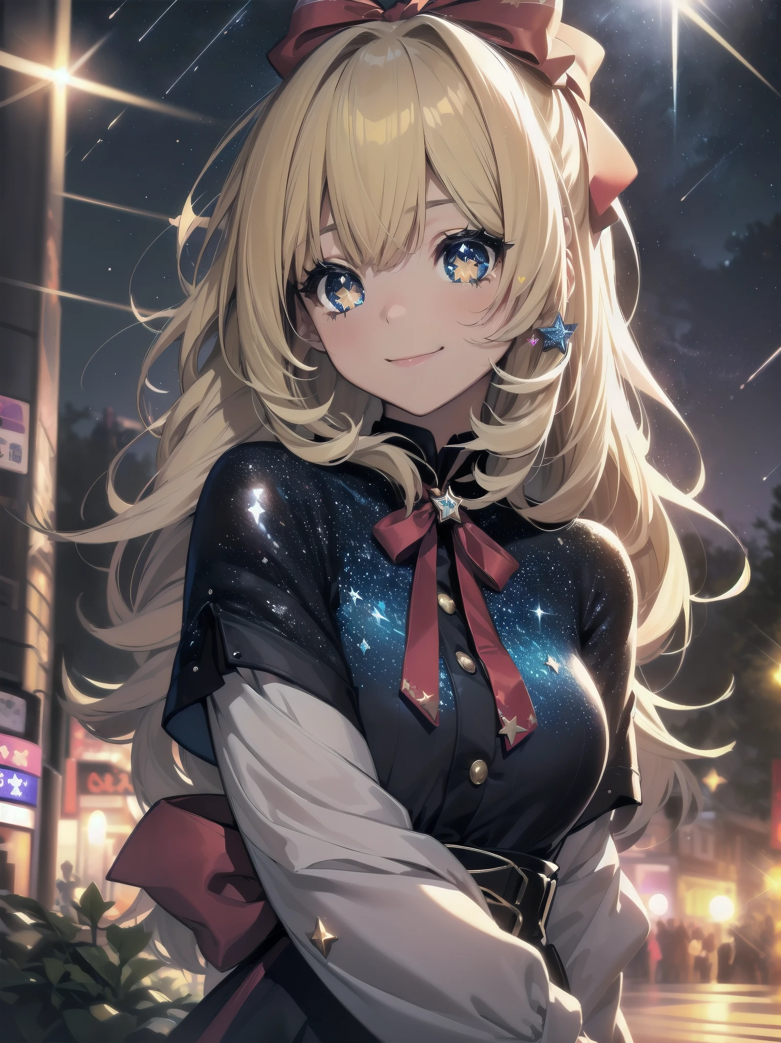 absurdres extremely detailed CG,high resolution,(best quality:1.3),(best masterpiece:1.3),super fine illustration,vibrant colors,official art,8k wallpaper,(looking away:1.3),dynamic depiction,dynamic angle,dynamic pose,depth of field,cinematic lighting,BREAK,(one beautiful girl:1.3),solo,blonde hair,very long hair,shiny hair,Silky hair,yellow eyes,deep detailed eyes,cute eyes,sparkling eyes,(seductive smile:1.3),natural make,BRAKE,((wonderland)),Gothic decoration,((sticker style)),(heart item,star item,ribbon:1.5),(symbolic:1.2), conspicuous,(star glitter and hart glitter:1.5),(kawaii town at night:1.5),(big clock tower:1.2),(Meteor shower,star and hart effect:1.3),