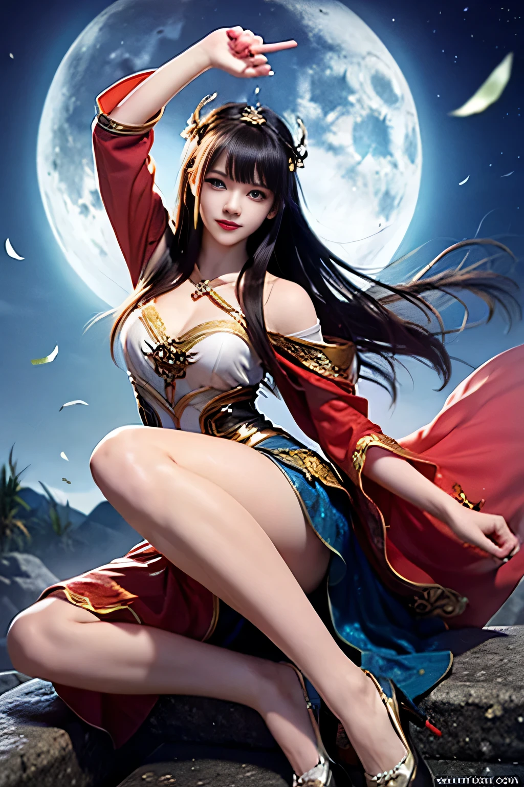 moonlight landscape,The goddesses dressed in Han clothes are unique.。Her gorgeous outfit sparkled.,Skirt fluttering in the wind,It looks elegant and lively.。There was a look of amusement in her eyes.,It is as if you are one with this peaceful nature.。 The costume goddess wore a pair of fashionable high heels under her fee, which did not match her elegant temperament.,But it adds mystery and sexiness in an invisible way.。。Her feet were on the bluestone floor.,It's like dancing on the floor.,Grace in every step。 in the moonlight,The landscape became darker and more beautiful.。Her body danced in the moonlight.,beautiful angel。Her demeanor is playful and cute.,It makes people want to get closer.,Discover her inner secrets.。 As of now,Everything around seemed to disappear.,Only the goddess in this ancient dress and beautiful landscape painting remains.。she is smiling,sport,full of poetry,It's intoxicating.,Unable to extricate myself。