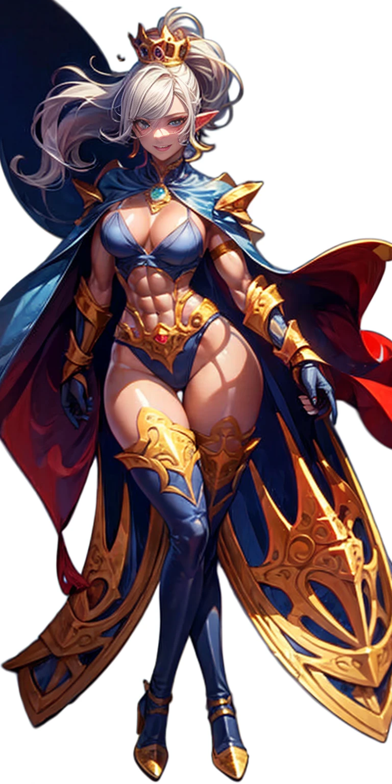 extremely long hair, ponytail, perfect anatomy 1 girl tall solo, slim thick, ((muscular)) high elf toned body, silver breast plate, blue cape, slender abs, hourglass waist, detailed face, defined cheekbones, puffy lips, gauntlets, gold crown, shadow over eyes, looking at viewer, masterpiece, white thigh highs lingerie, lustful smirking smile face red blushed red cheeks, 2 high heels feet together