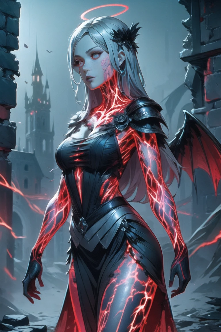 Grey skin, blood halo, Goddess, rare, cursed maiden, goddess armor, beautiful woman, long silver hair, red glowing eyes, grey skin, black wings, castle ruins,