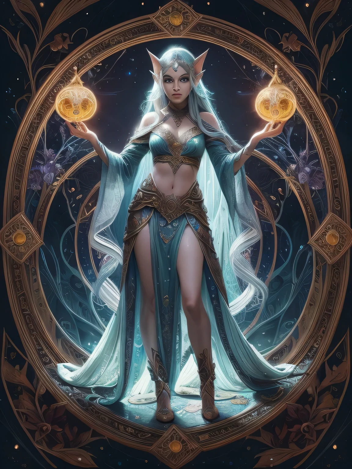 Create a mesmerizing full-body portrait of Epoch Elves in masterpiece quality, with a resolution of 4k and high-detail. This art piece showcases ultra-realistic representations of ethereal beings, featuring fantastical colors and radiant lighting.

The fine art depiction highlights harmonious compositions and dazzling visual effects, emphasizing their otherworldly appearance. Each elven beauty radiates an ethereal glow, with detailed facial features and captivating, glowing eyes. Their long, flowing hair cascades around them, adding to their enchanting allure.

Whimsical creatures accompany them, adding a dreamlike element to the scene. The use of