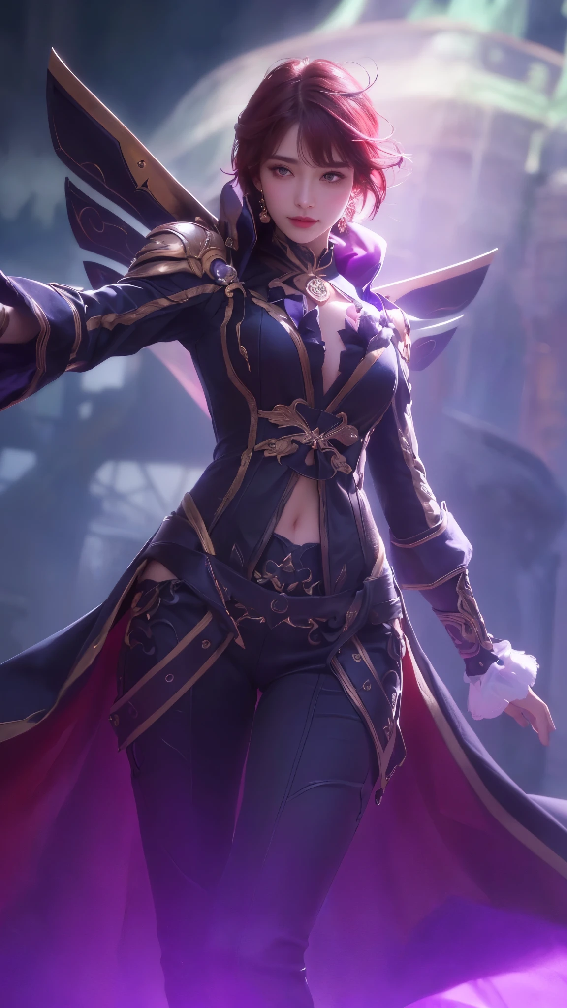 (best quality,4k,highres,masterpiece:1.2),ultra-detailed,(realistic:0.9),(photorealistic:1.37),(vibrant colors),(sharp focus:0.9),portrait,beautiful detailed eyes,beautiful detailed lips,purple background,soft lighting,smooth skin,subtle smile,fine wrinkles,hair flowing in the wind,delicate earrings,confidence,vivid makeup,subtle blush,graceful pose,natural lighting,natural beauty,serene expression,high-fashion attire, red short hair, realistic, ultra detailed