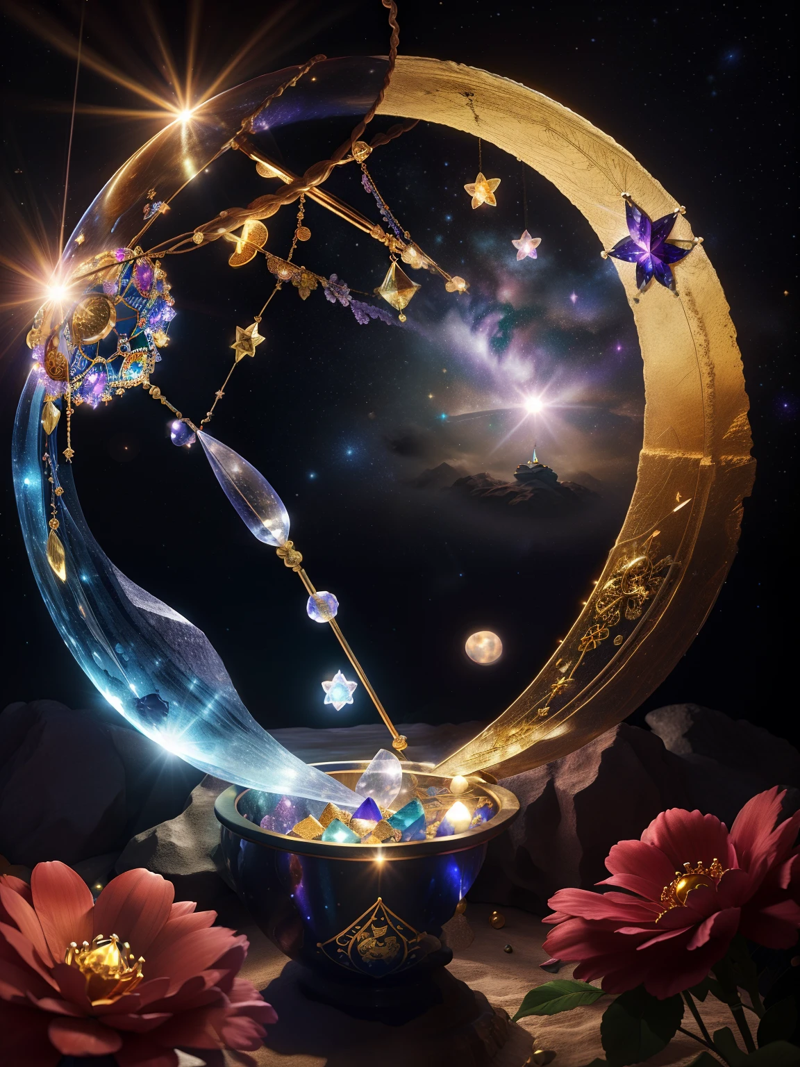 Crystal colorful flowers, magic, dream Catcher, universe , space, floating, moonlight, magic kanote gold crystal pot,,Current Ions,Sun, moon and stars,galaxy,moon,Buddha's light,dharma,Staff,magnificent,atmosphere,sea,Majestic