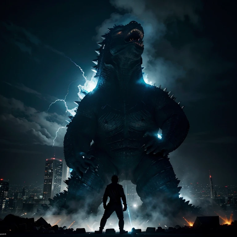 A 200 foot tall Godzilla that has charcoal skin with blue glowing eyes as its open mouth starts emitting a blue glow. sharp spikes on its back are also glowing blue. Godzilla while glowing is standing on the ruins of Tokyo is letting out a big roar. But next to Godzilla is a 200 foot tall silverback gorilla that looks very angry.