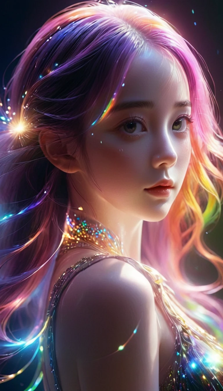 {{masterpiece}}, best quality, Extremely detailed CG unified 8K wallpaper, movie lighting, lens flare, beautiful details eyes, Black,  side view,  multi color hair, colorful light, particle, heterochromia, (colorful:1.5), (colorful hair:1.5),