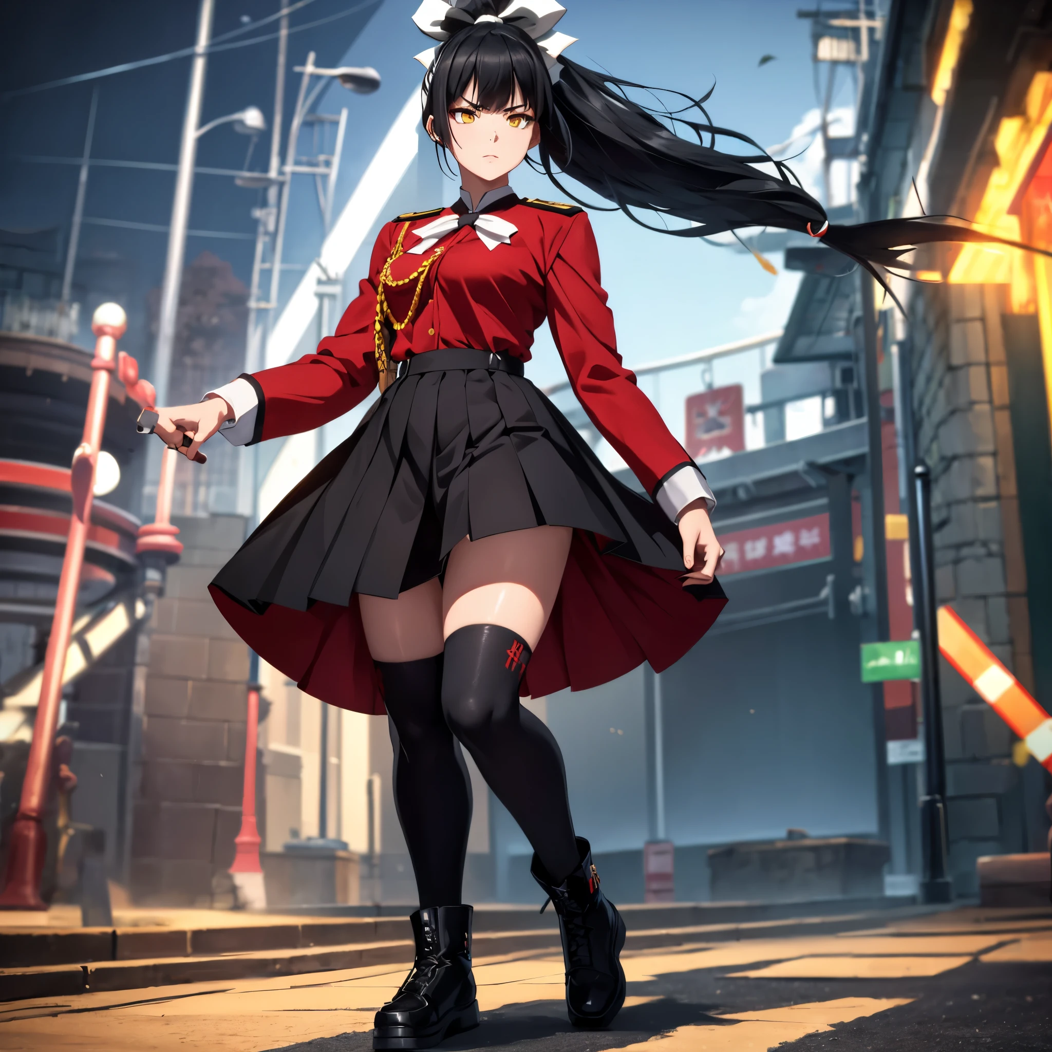 a woman with long black hair, ponytail hair, bow in her hair, red military shirt with medals, yellow eyes, black skirt, serious face, in an amusement park, background with blur effect, full body,HDR, ultra resolution, sharp, masterpiece, 8K HD, (just a woman, solo)
