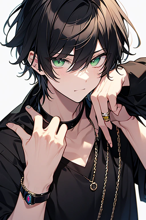 anime 18 year old man black hair and green eyes,anillo en la mano derecha y un reloj en el brazo izquierdo