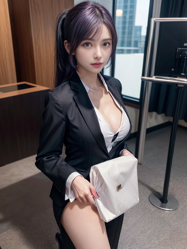 Beautiful woman, 25 years old, high ponytail, bright purple hair, perfect purple hair, Beautiful breasts, (Realistic skin),elegant upper class wearing a black pantsuit, black jacket, white shirt, cleavage visible, black pumps, and a business shirt. Elite secretary, working in the office, wearing a strict business suit, pantsuit style, wearing luxury high heels, girl wearing a shirt, wearing a business suit, wearing a business suit, black nail art, business Wearing a suit, Businessman, Business clothes, Wearing a black business suit, Wearing a white shirt and black jacket, Woman in a business suit, Business suit, Business attire, Raw photo, (8K, highest quality, Masterpiece: 1.2), (Complex Detail: 1.4), (Photoreal: 1.4), Octane Rendering, Complex 3D Rendering Super Detail, Studio Soft Light, Rim Light, Vibrant Detail, Super Detail, Realistic Skin texture, surface details, beautifully detailed eyes, highly detailed CG Unity 16k wallpaper, supplement, (detailed background:1.2),pony tail