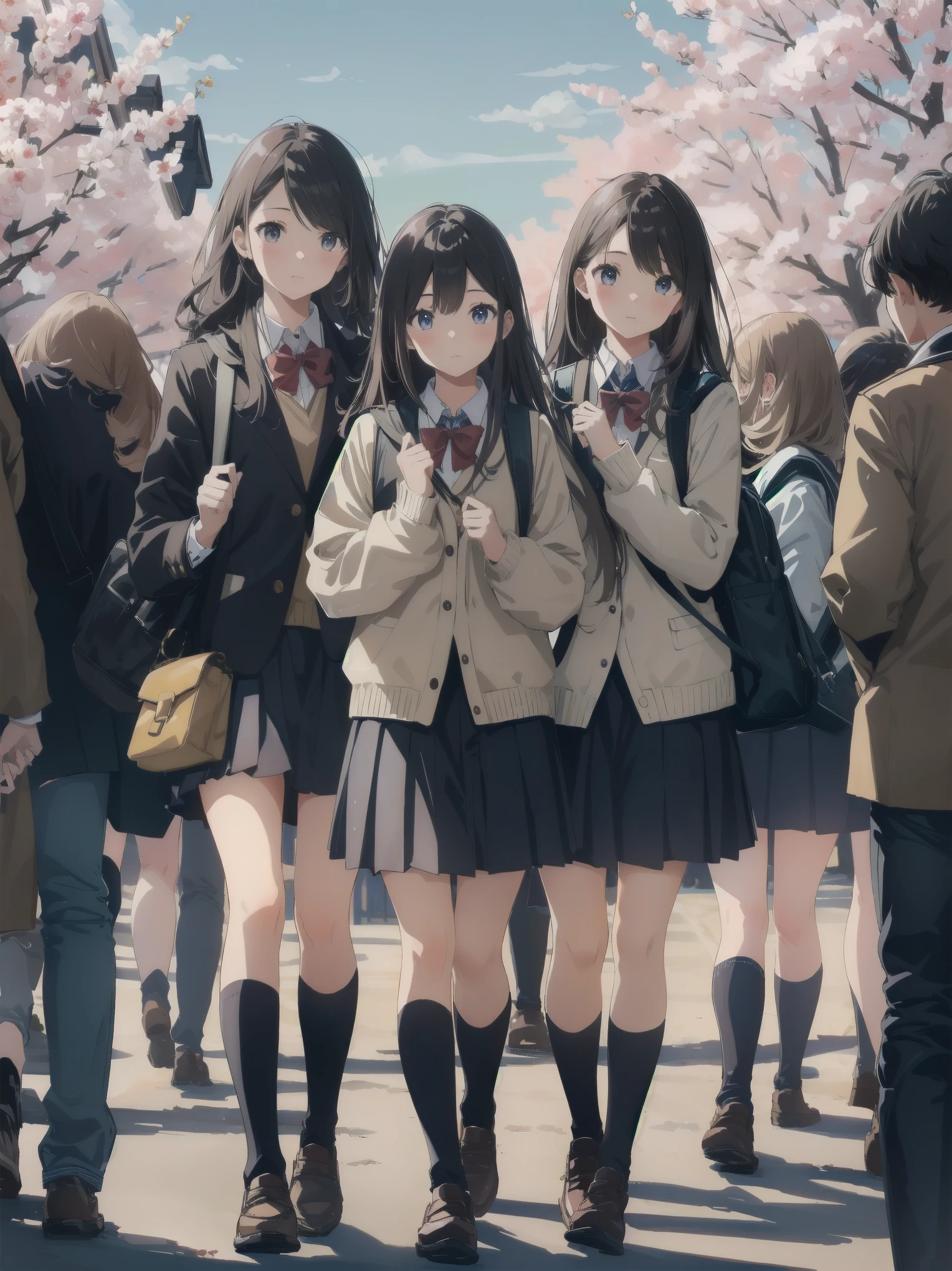 One girl, spring, high school, , warm colours, schoolbag, accurate and very detailed background, crowd of schoolgirls in uniform with various body shapes and hairstyles, cute.
