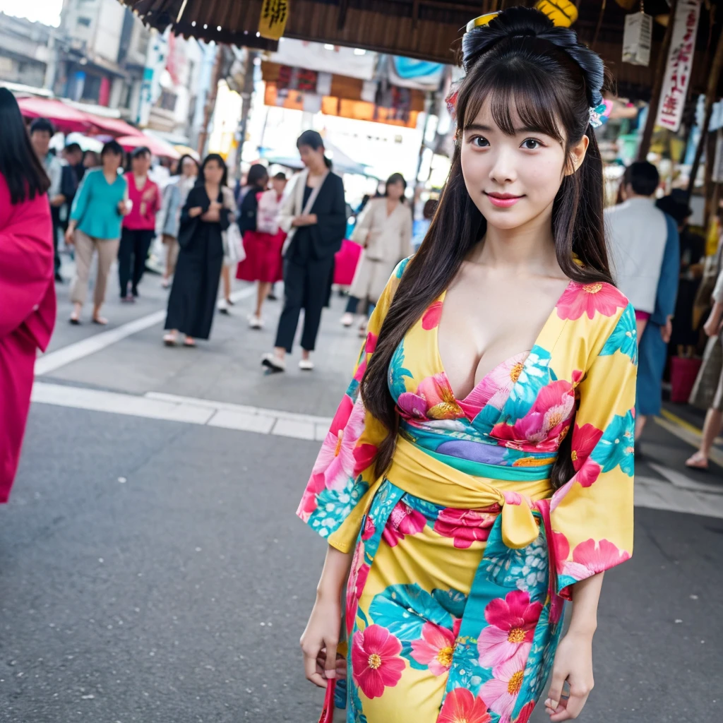 high school girl, Bian, Japan Yukata, not wearing a bra, , spread your legs wide、traditional japanese kimono、Furisode、chest exposed、(Please take it off)、embarrassed look、chest exposed、clavicle fetish、(((topless)))、Take off your clothes、Fluttering kimono、drunk look、Japanese sake、夜のshrine、(The background is a night festival)、yellow kimono、Red kimono、pink kimono、first visit of the year to a shrine、shrine、shop、(night background)、crowd、paper lanterns、squatting position、Open leg posture、sit、Camera angle from above、upper grade