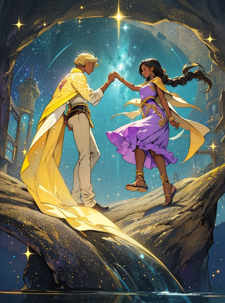 African woman wear spainish purple dress like a princess. She have beautiful long braid hair and brown skin. Star-man wear black and glittery golden clothes with cape like a prince. He have glow white and yellow short hair. His sand-color skin. He hold her hand by his hand. He is flying. 