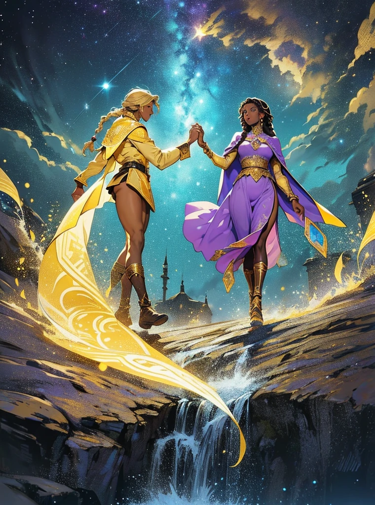 African woman wear spainish purple dress like a princess. She have beautiful long braid hair and brown skin. Star-man wear black and glittery golden clothes with cape like a prince. He have glow white and yellow short hair. His sand-color skin. He hold her hand by his hand. He is flying.