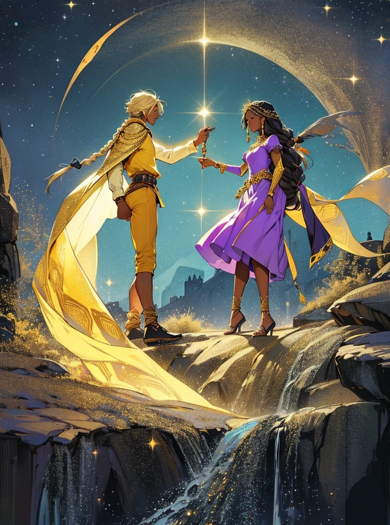 African woman wear spainish purple dress like a princess. She have beautiful long braid hair and brown skin. Star-man wear black and glittery golden clothes with cape like a prince. He have glow white and yellow short hair. His sand-color skin. He hold her hand by his hand. He is flying. 