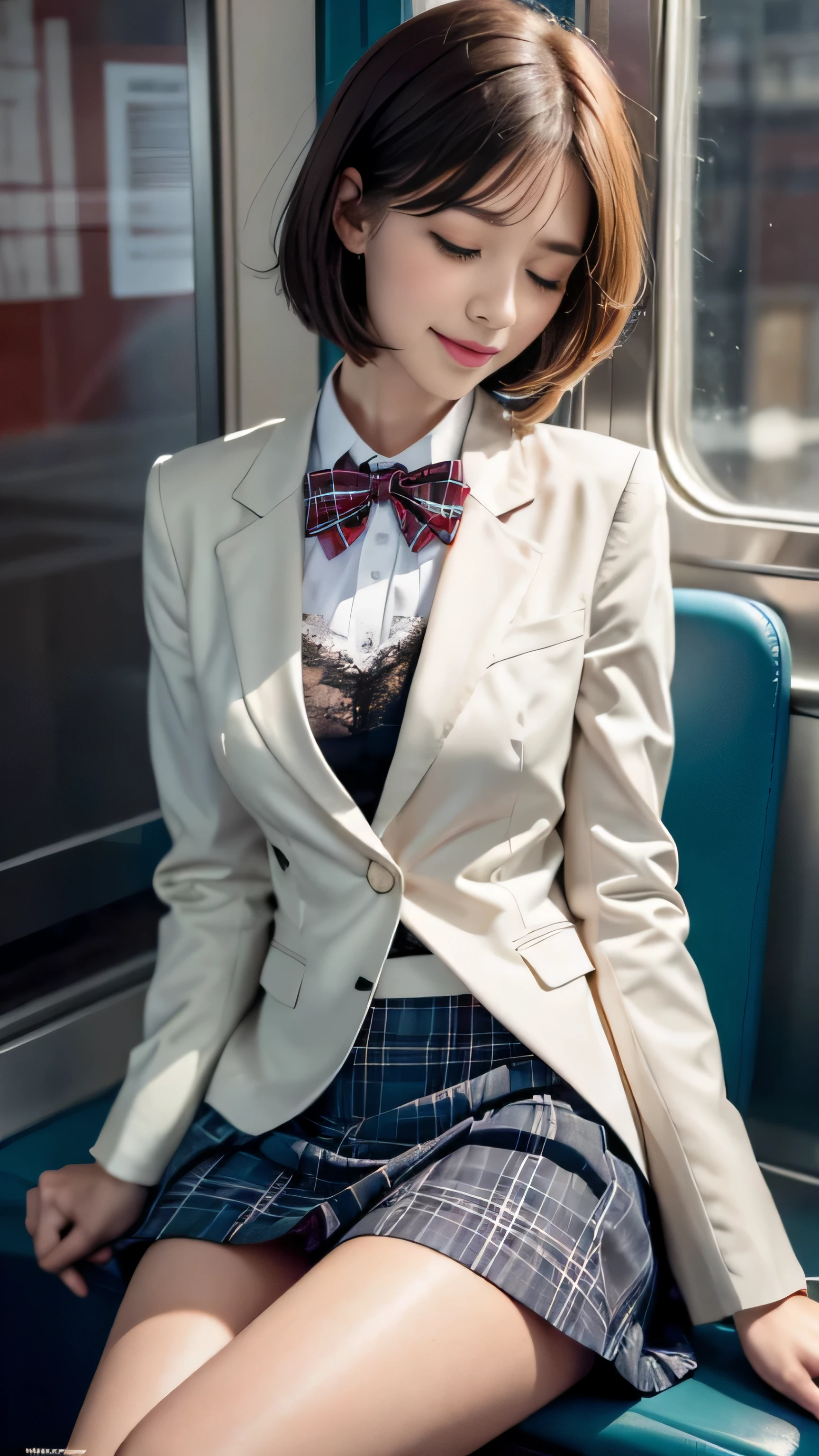 ((High school girl sitting on train seat))、(white blazer)、(white blouse、red bow tie、dark blue checked skirt). 40k, photograph, table top, highest quality, dark gray background, ((beautiful eyes、One girl with light brown short hair, . white skin, Various poses.((Medium chest,:1.1)), highest quality, table top, ultra high resolution, (realistic:1.4), RAWphotograph, (perfect body shape), (slim:1.3), slim abdomen, Perfect slim figure, dynamic pose, alone, Cold light 12000K, very detailed facial and skin texture, fine eyes, realistic eyes, Beautiful and fine eyes, (realistic skin), charm, ultra high resolution, Super realistic, very detailed,(The wind blows up my skirt),(lift the skirt),(White lace panties are visible)(smile)、(eyes closed),
