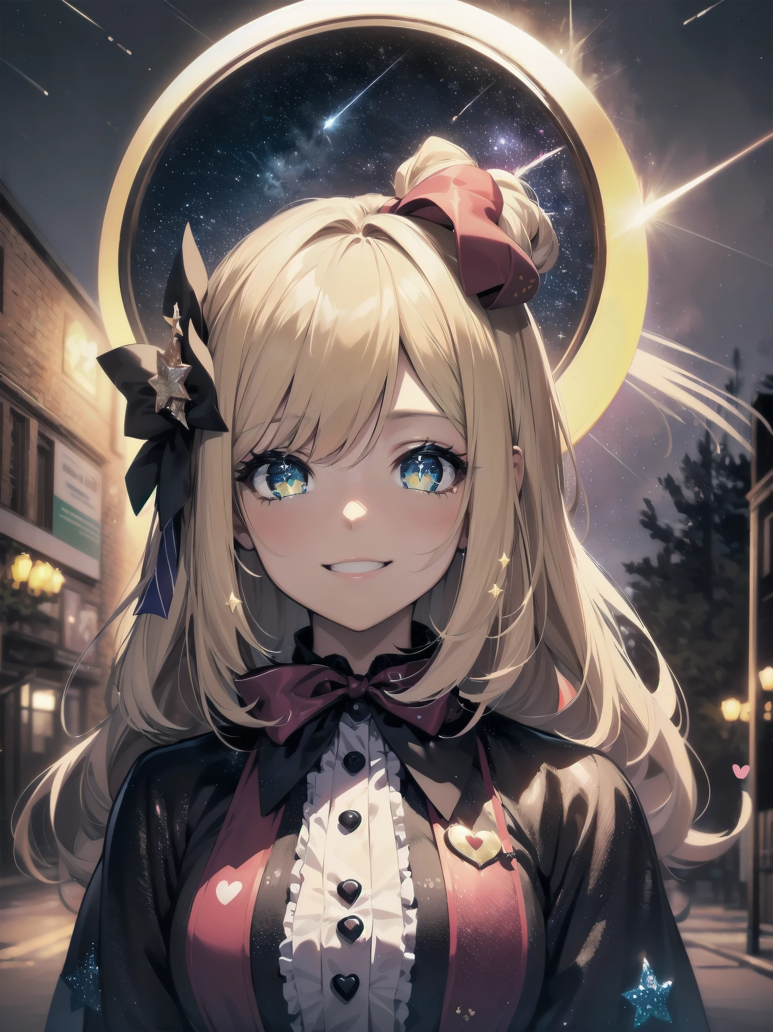absurdres extremely detailed CG,high resolution,(best quality:1.3),(best masterpiece:1.3),super fine illustration,vibrant colors,official art,8k wallpaper,(looking away:1.3),dynamic depiction,dynamic angle,dynamic pose,depth of field,cinematic lighting,BREAK,(one beautiful girl:1.3),solo,blonde hair,very long hair,shiny hair,Silky hair,yellow eyes,deep detailed eyes,cute eyes,sparkling eyes,(seductive smile:1.3),natural make,BRAKE,((wonderland)),Gothic decoration,((sticker style)),(heart item,star item,ribbon:1.5),(symbolic:1.2), conspicuous,(star glitter and hart glitter:1.5),(kawaii town at night:1.5),(big clock tower:1.2),(Meteor shower,star and hart effect:1.3),