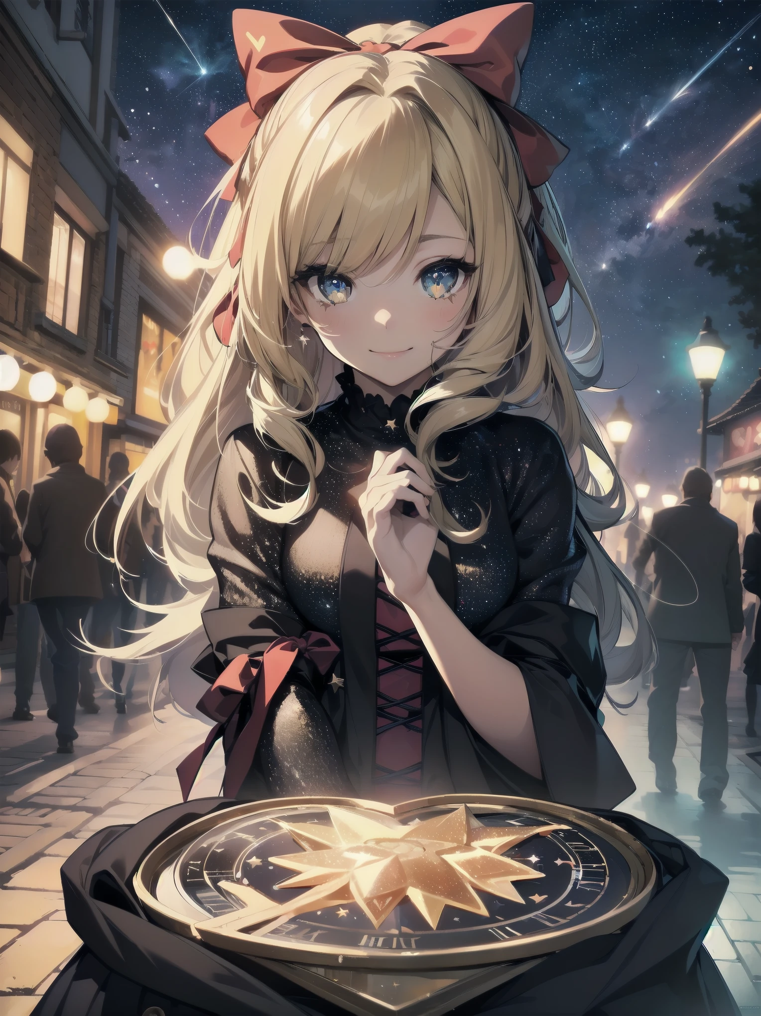 absurdres extremely detailed CG,high resolution,(best quality:1.3),(best masterpiece:1.3),super fine illustration,vibrant colors,official art,8k wallpaper,(looking away:1.3),dynamic depiction,dynamic angle,dynamic pose,depth of field,cinematic lighting,BREAK,(one beautiful girl:1.3),solo,blonde hair,very long hair,shiny hair,Silky hair,yellow eyes,deep detailed eyes,cute eyes,sparkling eyes,(seductive smile:1.3),natural make,BRAKE,((wonderland)),Gothic decoration,((sticker style)),(heart item,star item,ribbon:1.5),(symbolic:1.2), conspicuous,(star glitter and hart glitter:1.5),(kawaii town at night:1.5),(big clock tower:1.2),(Meteor shower,star and hart effect:1.3),