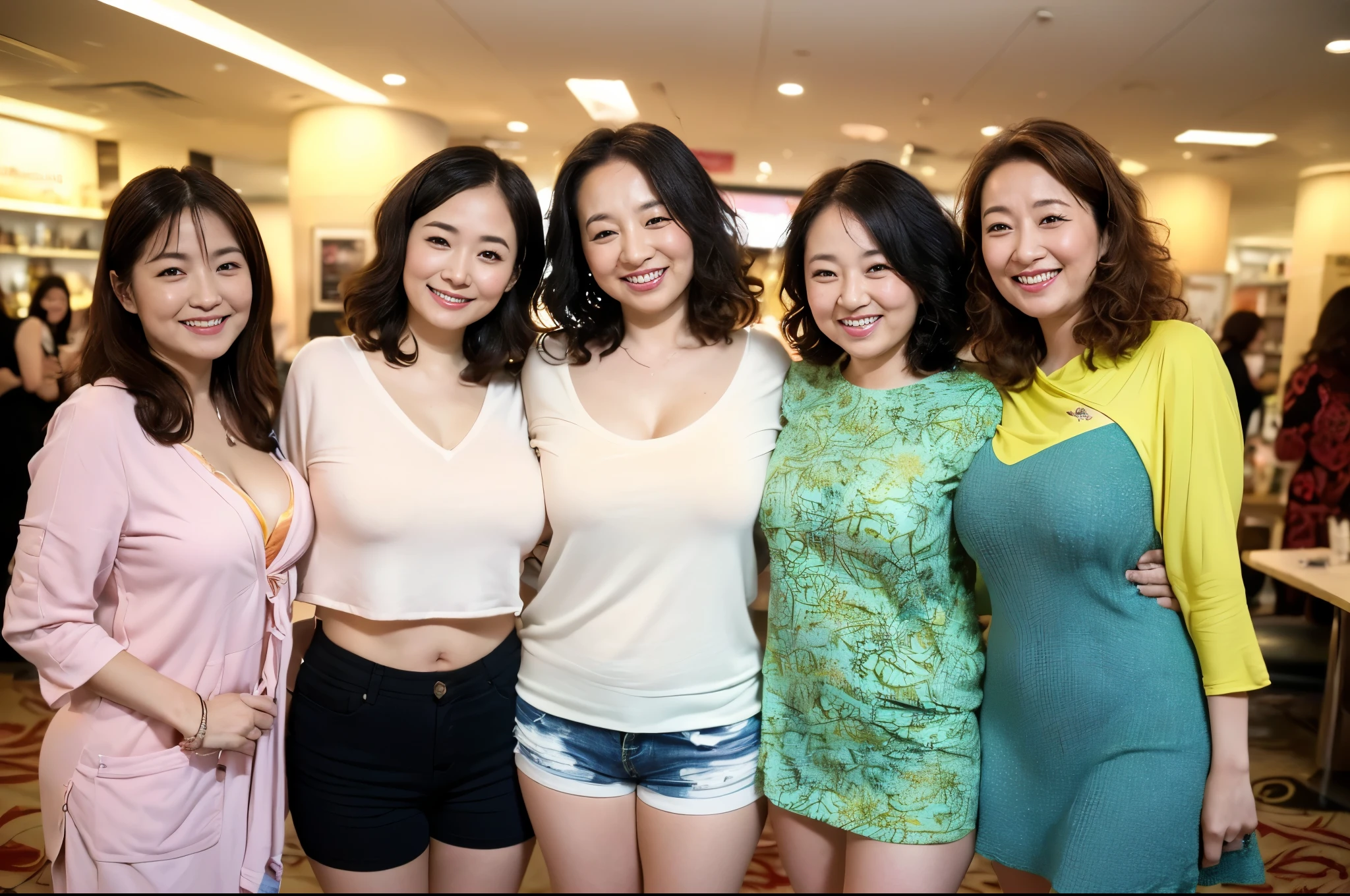 masterpiece, Better Quality, hight resolution, ((Photorealsitic:1.4, Raw photography, ultra high resolution,Top image quality: 1.4)), ((Do not split)),((upper body 1.5)), Beautiful detailed eyes, Natural Color Lip, ((Random Age)), ((A big smile:1.5)), ((Random and cute curly hair)), ((Random breast sizes from large to medium:1.3)), ((random clothes:1.6)), ((peer in from below)), ((Hotel)), ((Random and cute facial expressions)),, ((3 girls, Three people standing side by side:1.5)) very detailed and professional lighting, ((Random and cute facial expressions:1.5)), ((Waki Display:1.5)), ((I'm showing off my waki:1.5)), ((thigh visible:1.5))