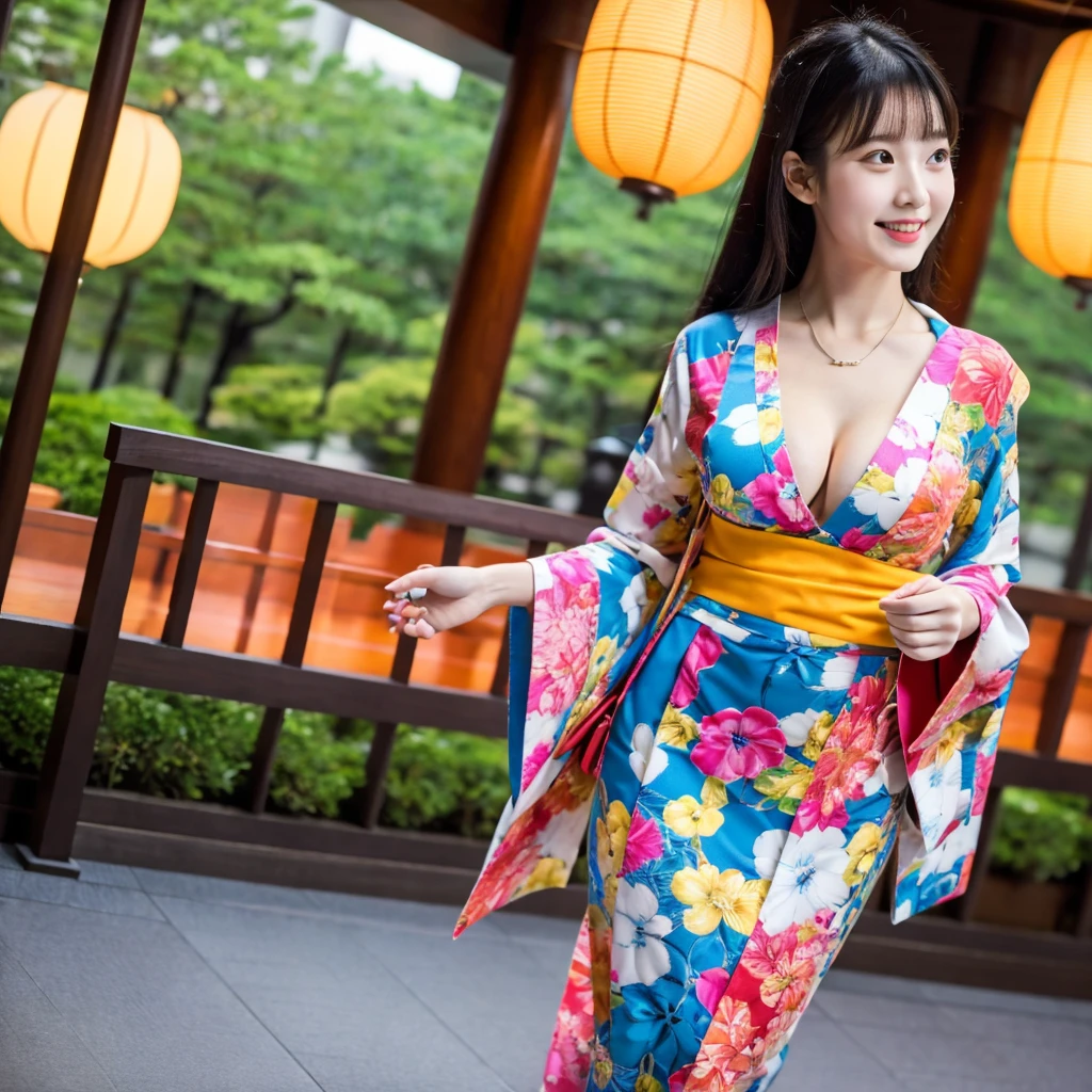 Create a realistic 3D image, wide angle, full body, highest resolution, beautiful, cute Japanese girl, 20 years old, wearing a kimono, bright colors, beautiful patterns, according to fashion, showing off her cleavage, walking and admiring the beauty of Henn na Hotel Tokyo Ginza.