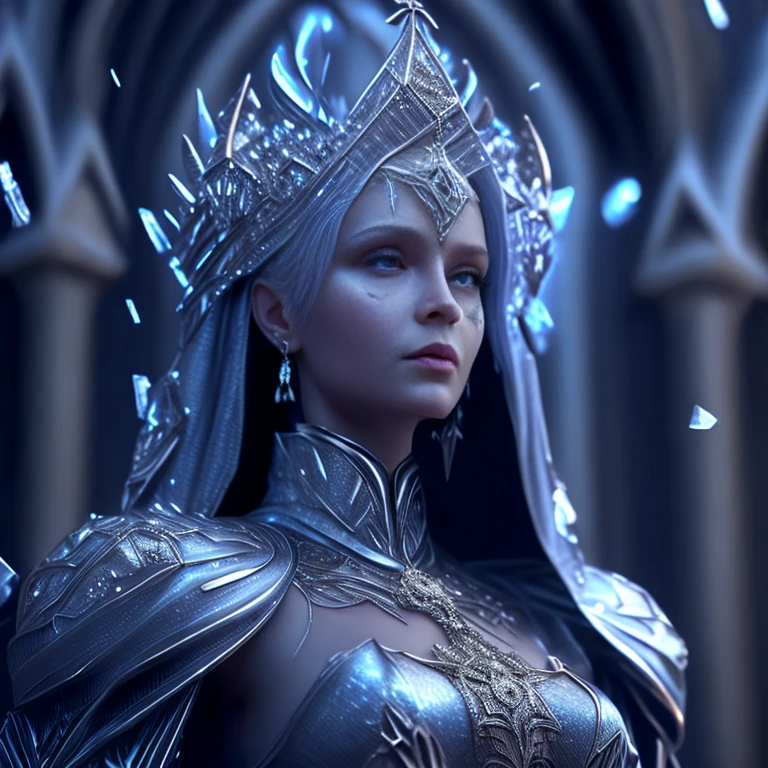 (best quality,4k,8k,highres,masterpiece:1.2),ultra-detailed,(realistic,photorealistic,photo-realistic:1.37), gothic, diamond goddess, emerging from a gothic diamond church. The scene is extremely detailed, with ice storms, sparks, metallic shavings, splintered fragments, and volumetric lighting.