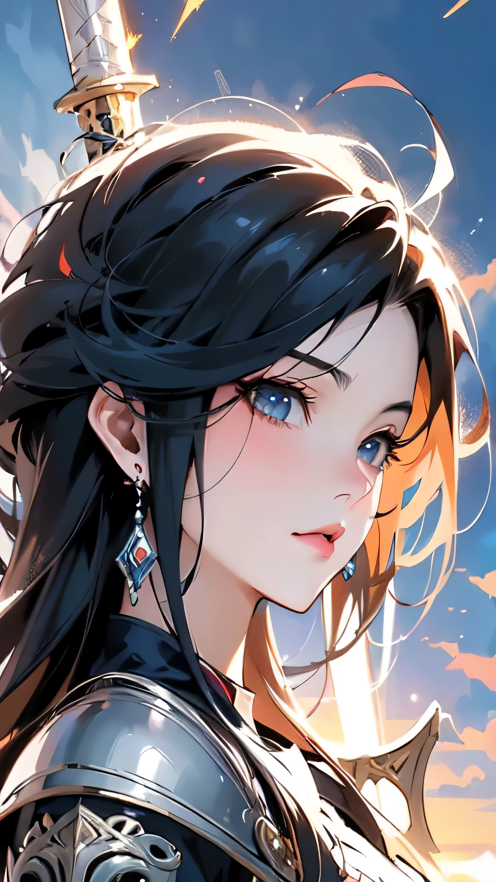 ((best quality)), ((masterpiece)), (detailed), perfect face, Anime girl with sword and armor in the sky，2.5 D CGI anime fantasy artwork, Anime fantasy artwork,