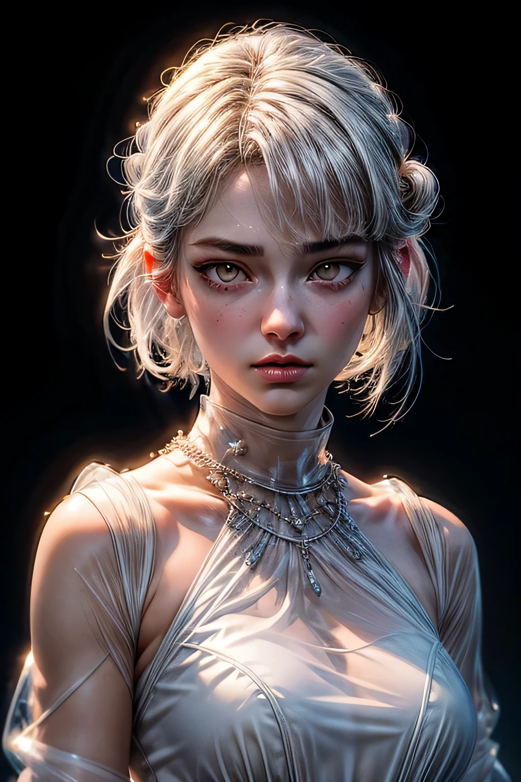 highest quality,perfect masterpiece,perfect artwork,Official work,8K,, (upper body portrait:1.3), close up lens,delicate face,, ,white hair girl,(hakuhatsu:1.5),Short and medium hair,((clear white eyes:1.5)),(white dress:1.2),(transparent clothes:1.2),(black background:1.3),, The illusion of pearls,cyber punk,fashion trends,3s material,High resolution,Detailed performance,c4d,3D,octane rendering,ray tracing,intricate details,animation lighting,OCrenderer,