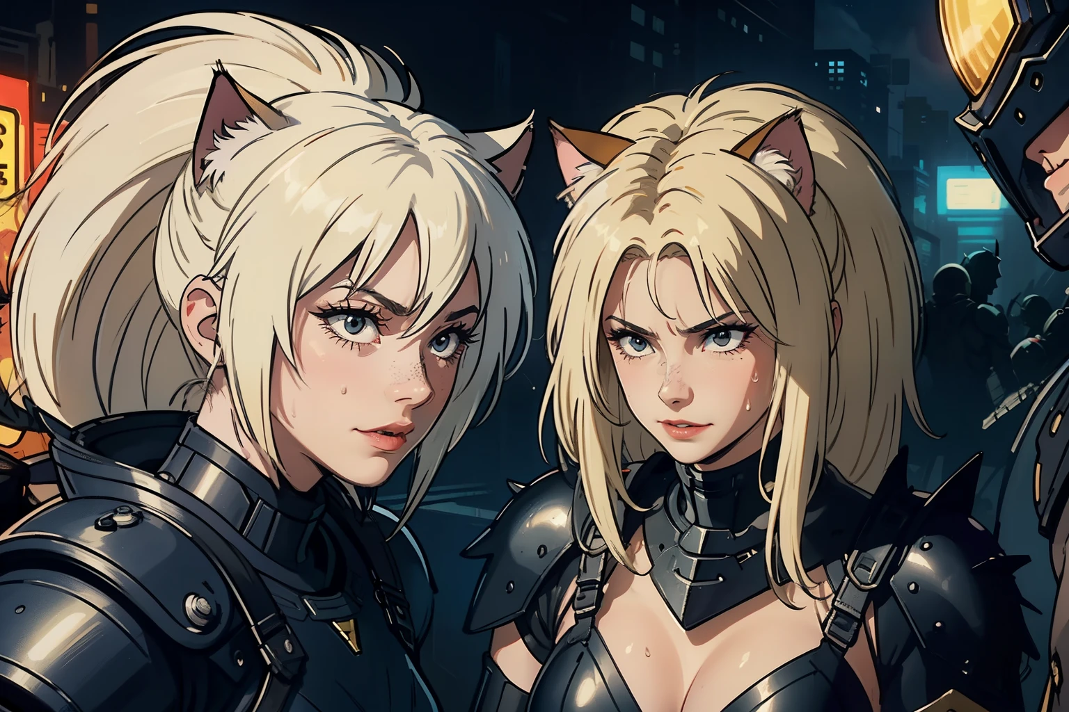 ((highest quality)), ((masterpiece)), (be familiar with), (High definition), 8K, perfect face、2 women、Two blonde women with cat ears、((Wearing a powered suit:1.2))、tall、2 Blonde cat ears、2. Long Hair、2. Volumetric hair style、Fearless smile、sweating、big breasts、constricted waist、big ass、glamorous、Glamorous、protector、Armor、combat suit、combat boots、armed、Equipped with large firearms、cinematic、best shadow、side lighting、NEO TOKYO、riot、explosion、tank、helicopter、(close up of face)