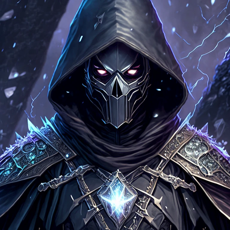 Close-up ( Marvel Gothic Necromancer: 1.3), Step out of the magnificent and precious world of crystals, Wearing black diamond crystal armor,and skeleton ornaments,hooded cloaks,Extremely detailed, Ice storms, spark of light, Metal shavings, Flying debris, volumettic light,