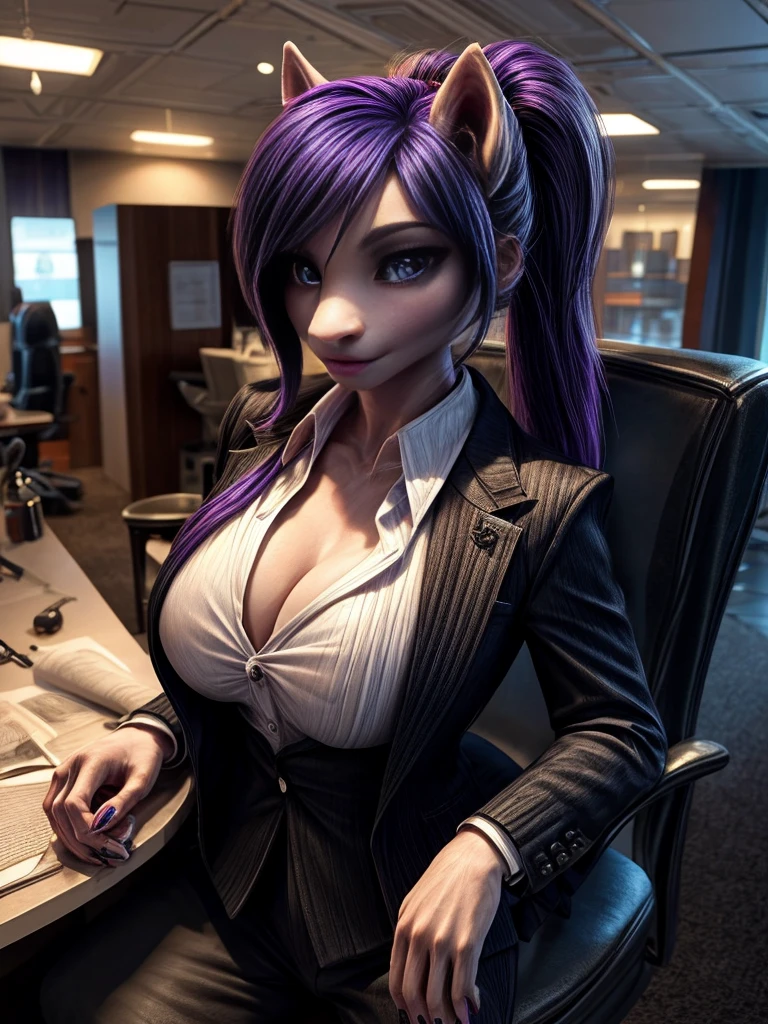 Beautiful woman, 25 years old, high ponytail, bright purple hair, perfect purple hair, Beautiful breasts, (Realistic skin),elegant upper class wearing a black pantsuit, black jacket, white shirt, cleavage visible, black pumps, and a business shirt. Elite secretary, working in the office, wearing a strict business suit, pantsuit style, wearing luxury high heels, girl wearing a shirt, wearing a business suit, wearing a business suit, black nail art, business Wearing a suit, Businessman, Business clothes, Wearing a black business suit, Wearing a white shirt and black jacket, Woman in a business suit, Business suit, Business attire, Raw photo, (8K, highest quality, Masterpiece: 1.2), (Complex Detail: 1.4), (Photoreal: 1.4), Octane Rendering, Complex 3D Rendering Super Detail, Studio Soft Light, Rim Light, Vibrant Detail, Super Detail, Realistic Skin texture, surface details, beautifully detailed eyes, highly detailed CG Unity 16k wallpaper, supplement, (detailed background:1.2),pony tail